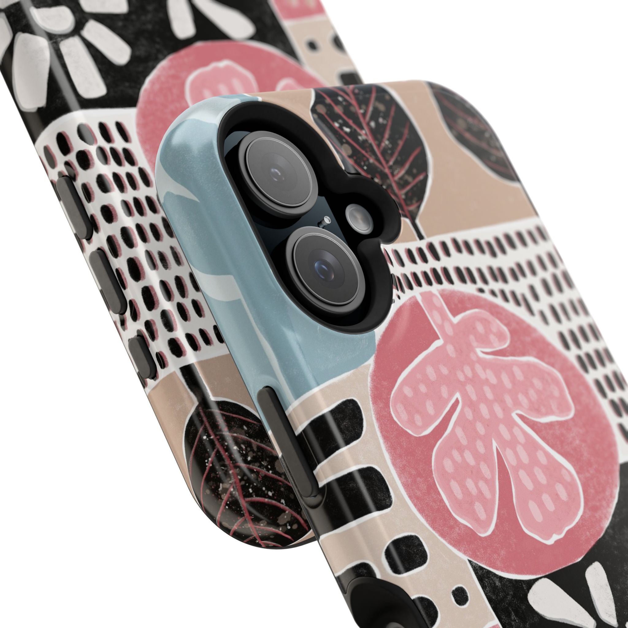 Abstract Floral Magnetic Phone Case — Impact-Resistant Protective Cover with Pink & Teal Collage Design