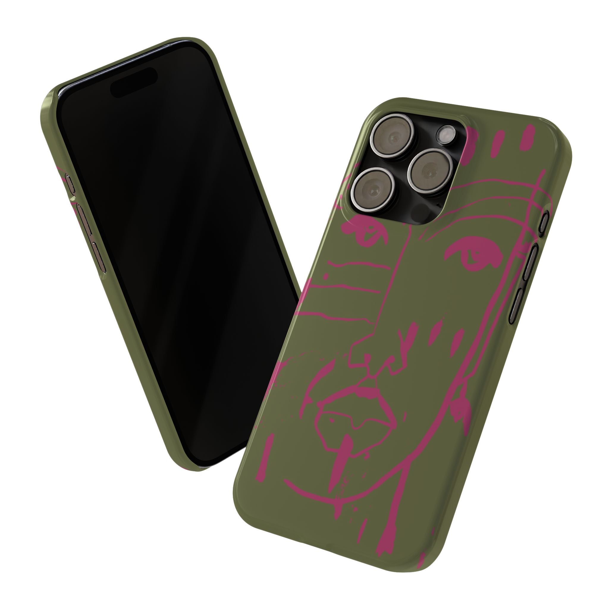 Abstract Face Line Art Slim Phone Case | Olive Green with Magenta Sketch