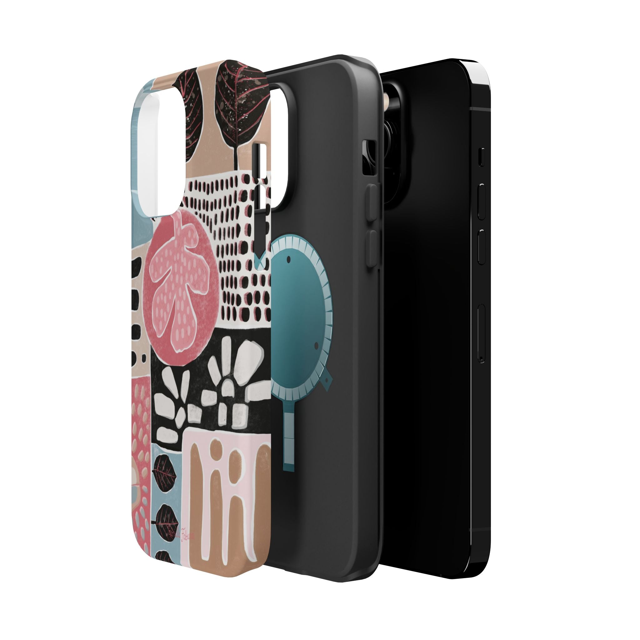 Abstract Floral Magnetic Phone Case — Impact-Resistant Protective Cover with Pink & Teal Collage Design