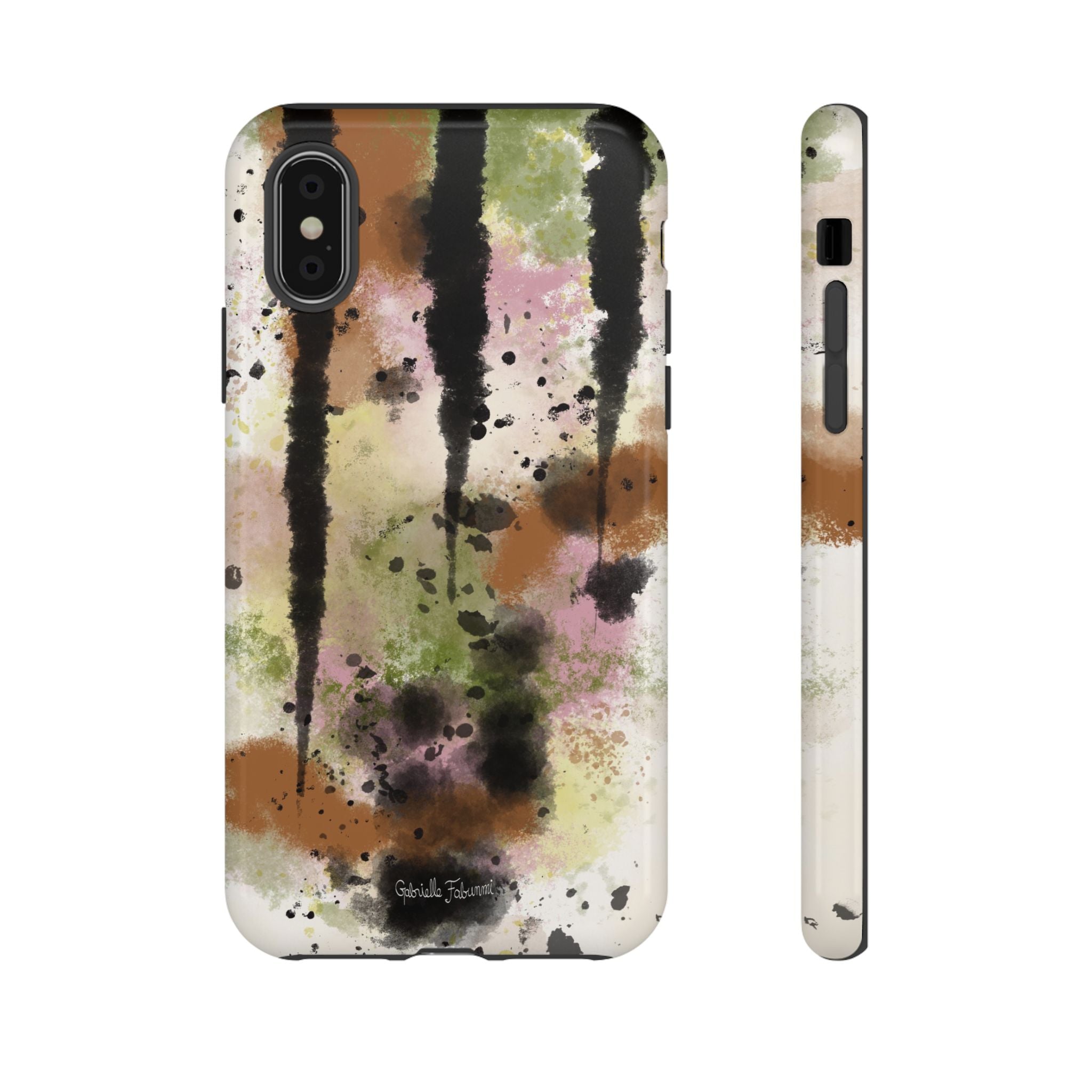 Watercolor Ink Splash Tough Phone Case — Abstract Olive, Blush & Charcoal Protective Cover