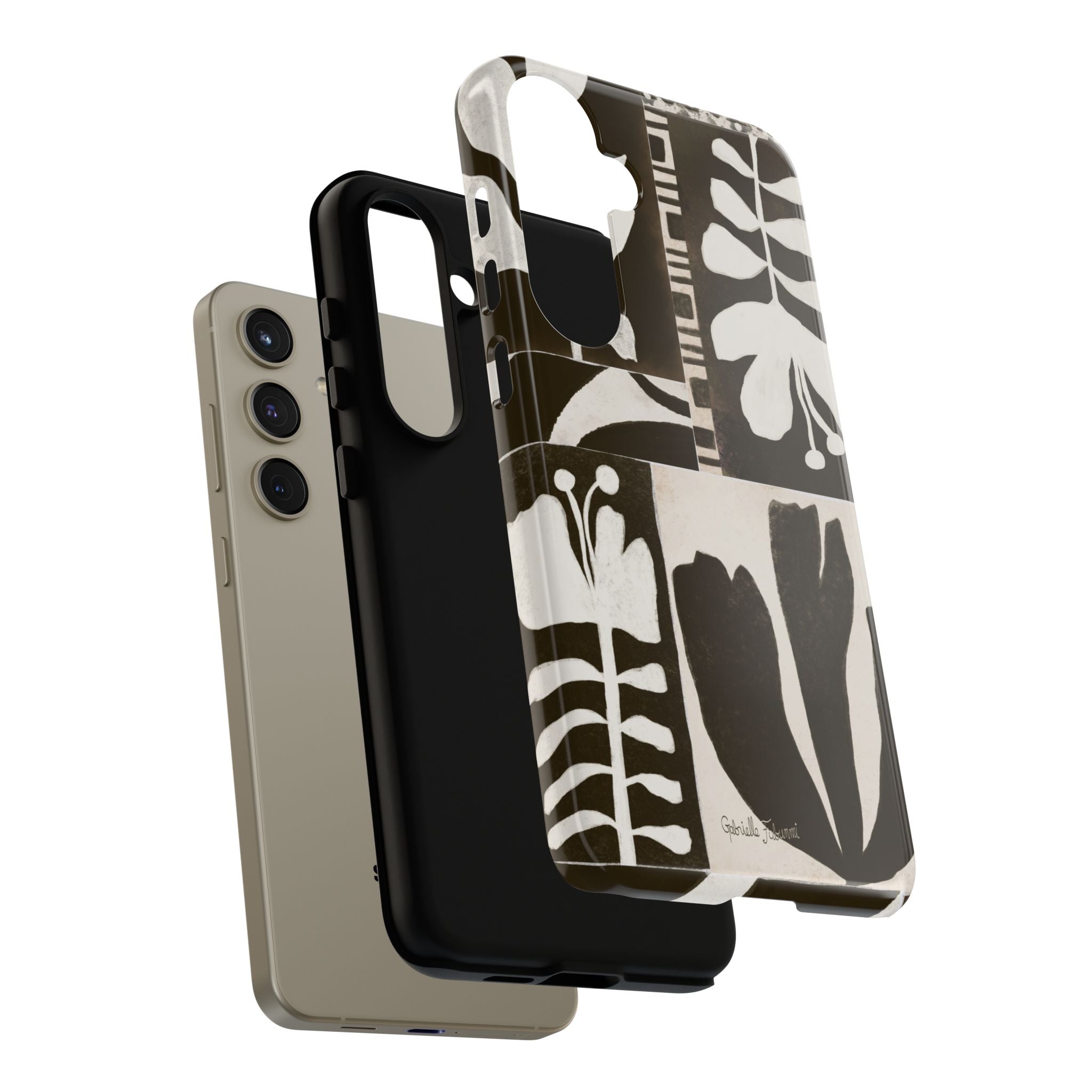 Floral Block Print Tough Phone Case — Black & White Botanical Protective Cover