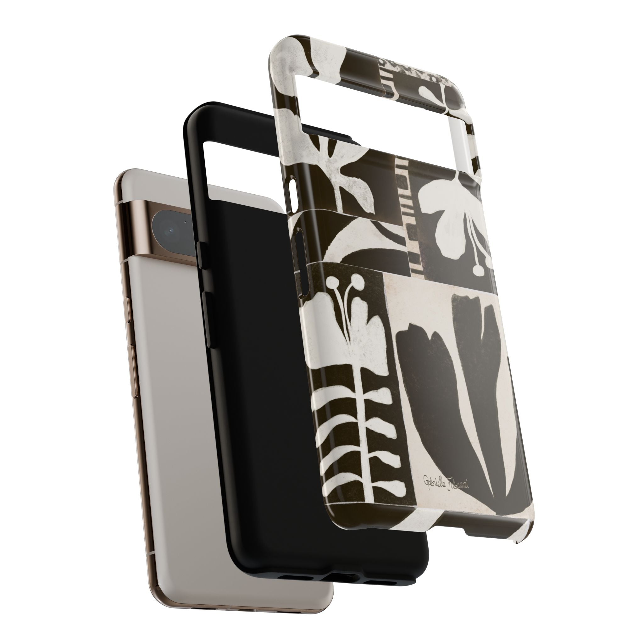 Floral Block Print Tough Phone Case — Black & White Botanical Protective Cover