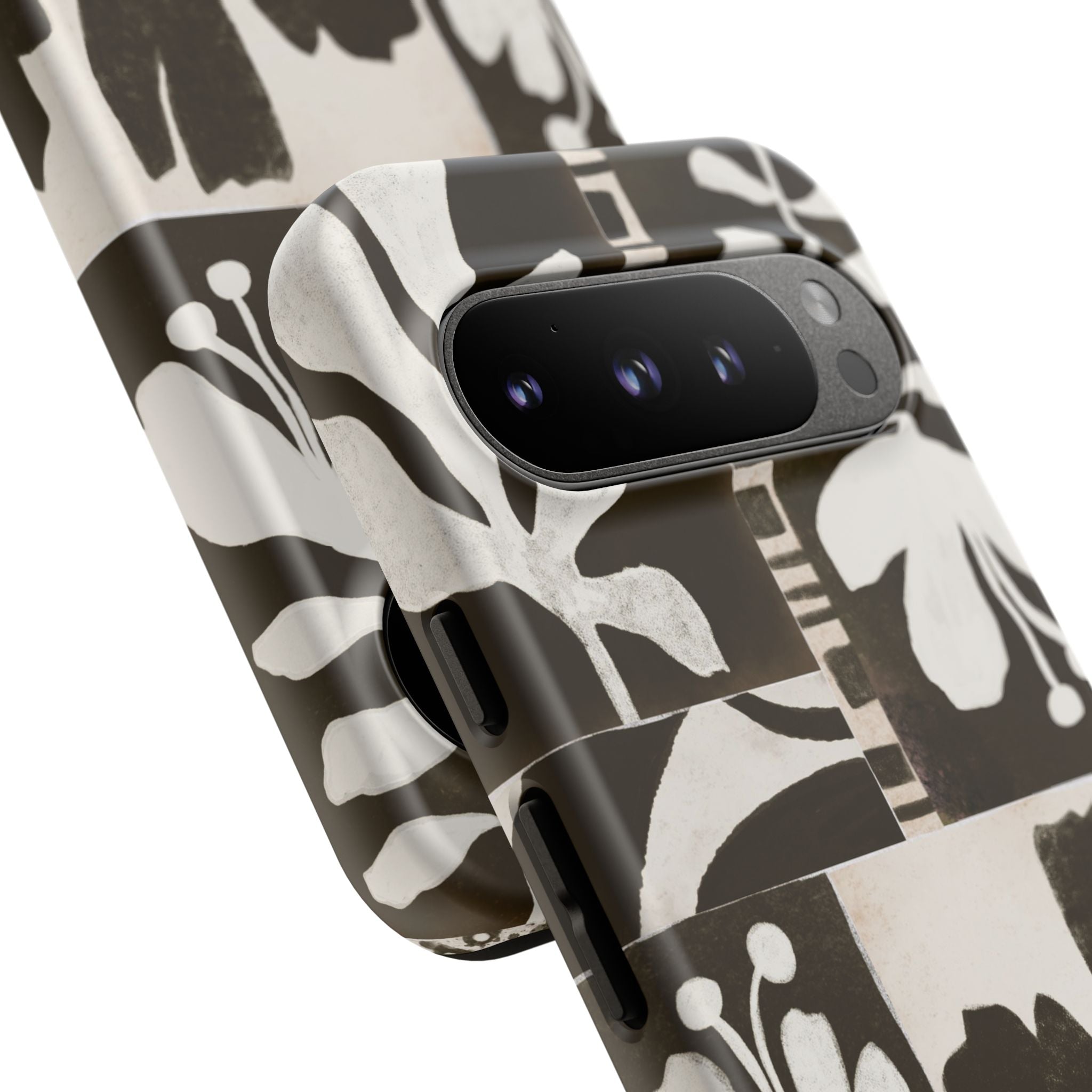 Floral Block Print Tough Phone Case — Black & White Botanical Protective Cover