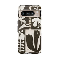 Floral Block Print Tough Phone Case — Black & White Botanical Protective Cover