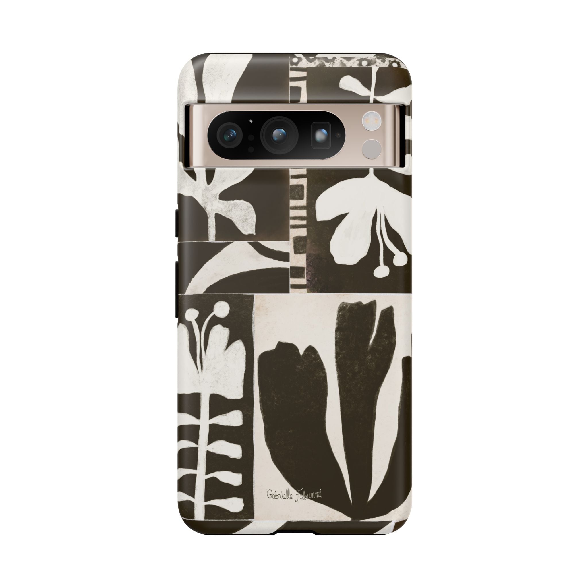 Floral Block Print Tough Phone Case — Black & White Botanical Protective Cover