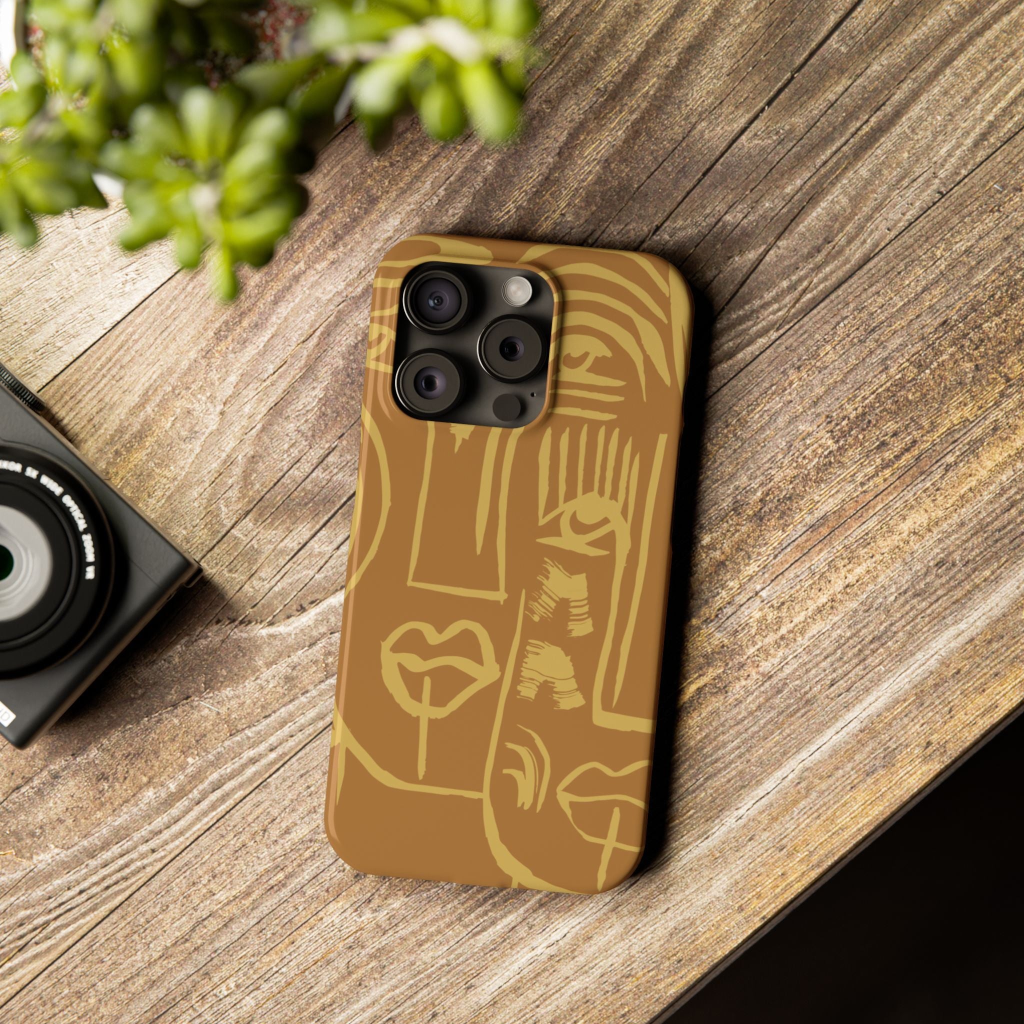 Abstract Face Line Art Slim Phone Case | Minimalist Brown Sketch