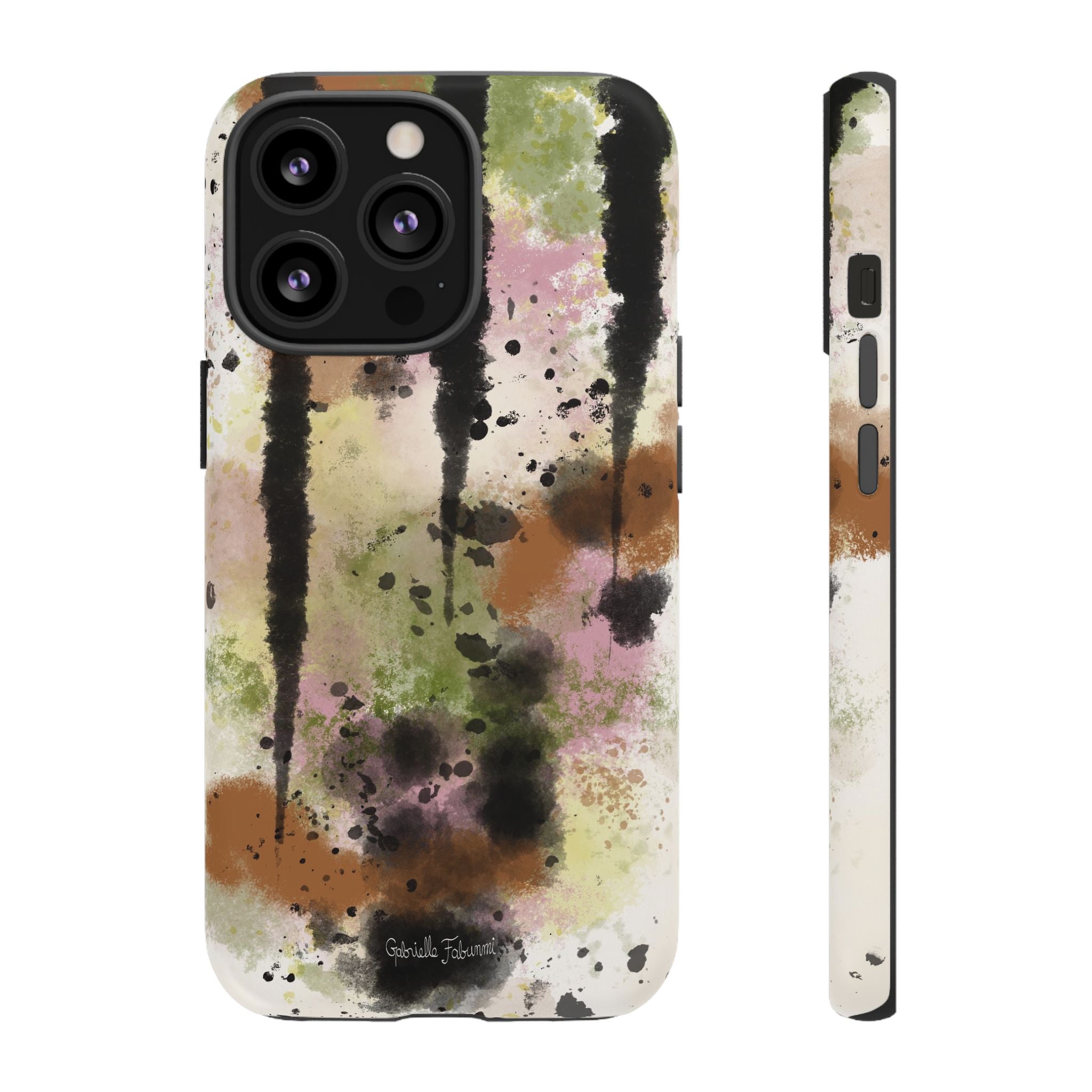 Watercolor Ink Splash Tough Phone Case — Abstract Olive, Blush & Charcoal Protective Cover
