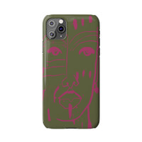Abstract Face Line Art Slim Phone Case | Olive Green with Magenta Sketch