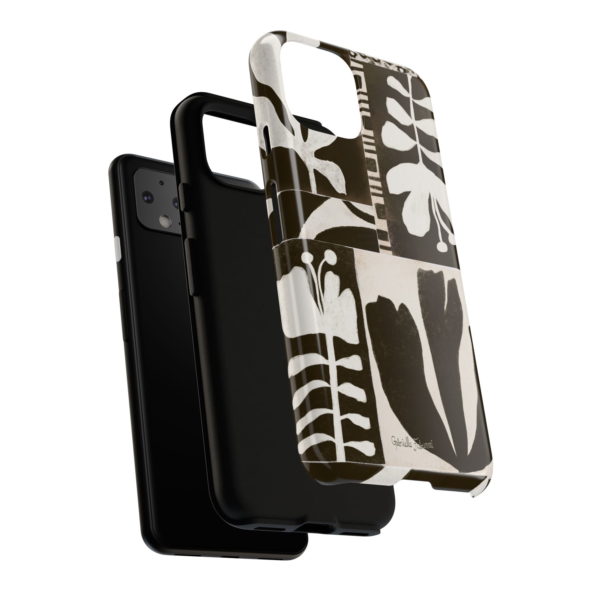 Floral Block Print Tough Phone Case — Black & White Botanical Protective Cover