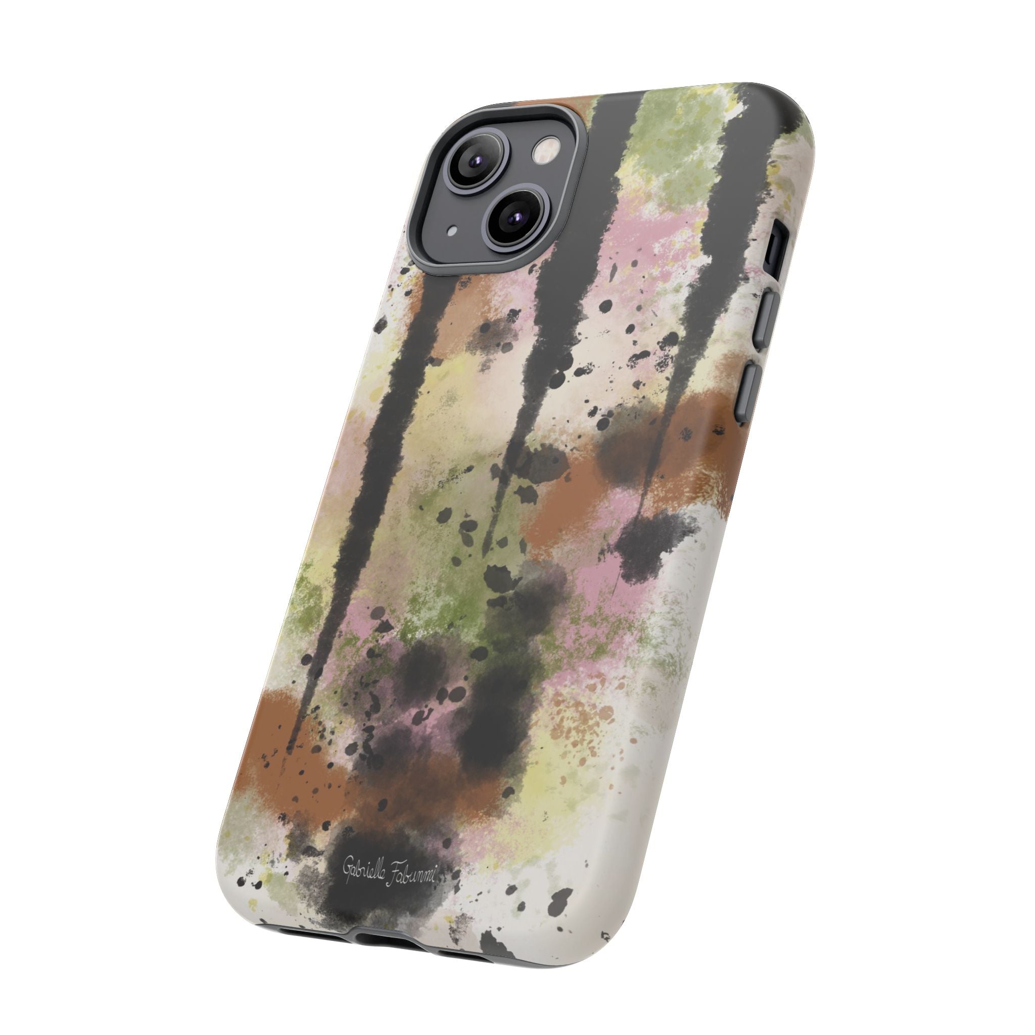 Watercolor Ink Splash Tough Phone Case — Abstract Olive, Blush & Charcoal Protective Cover