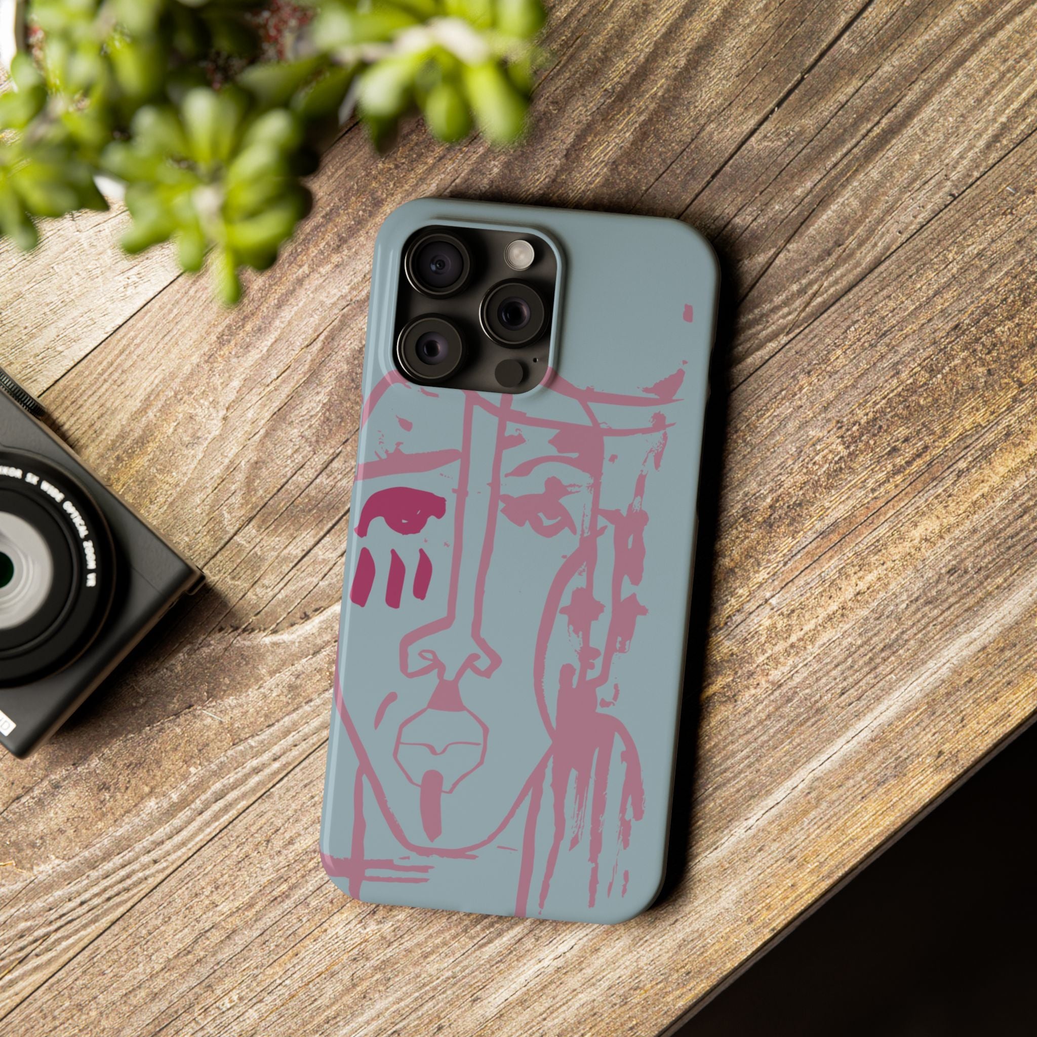 Abstract Line Face Slim Phone Case | Minimalist Portrait, Dusty Blue & Rose