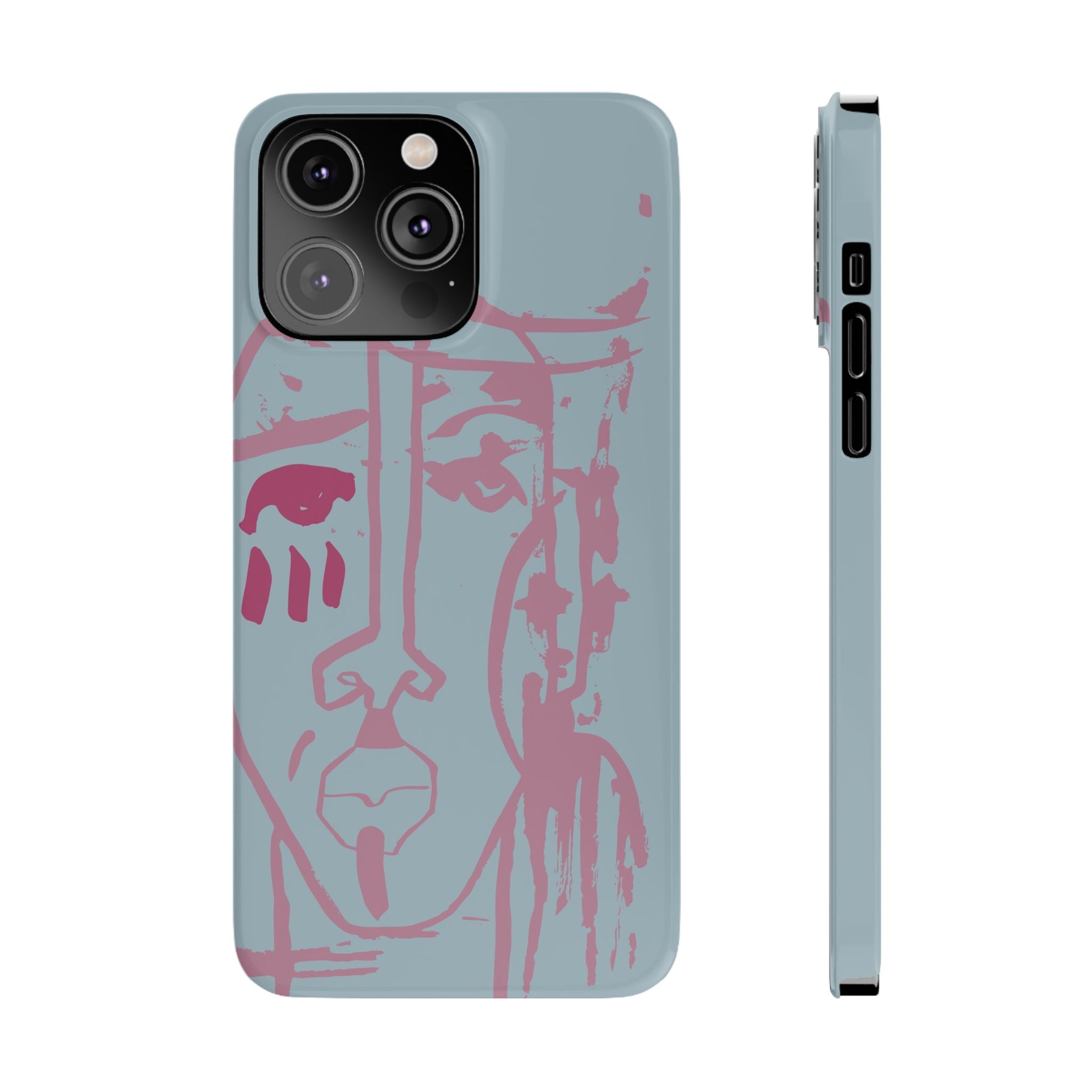 Abstract Line Face Slim Phone Case | Minimalist Portrait, Dusty Blue & Rose