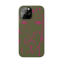 Abstract Face Line Art Slim Phone Case | Olive Green with Magenta Sketch