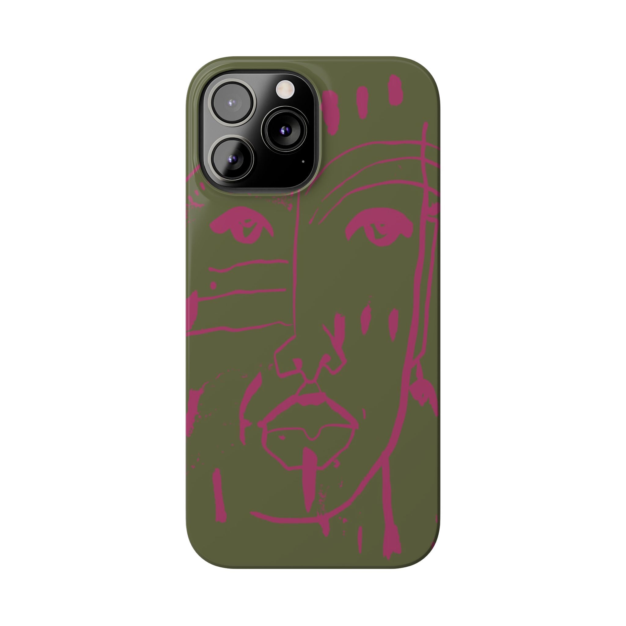 Abstract Face Line Art Slim Phone Case | Olive Green with Magenta Sketch