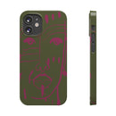 Abstract Face Line Art Slim Phone Case | Olive Green with Magenta Sketch