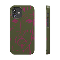 Abstract Face Line Art Slim Phone Case | Olive Green with Magenta Sketch