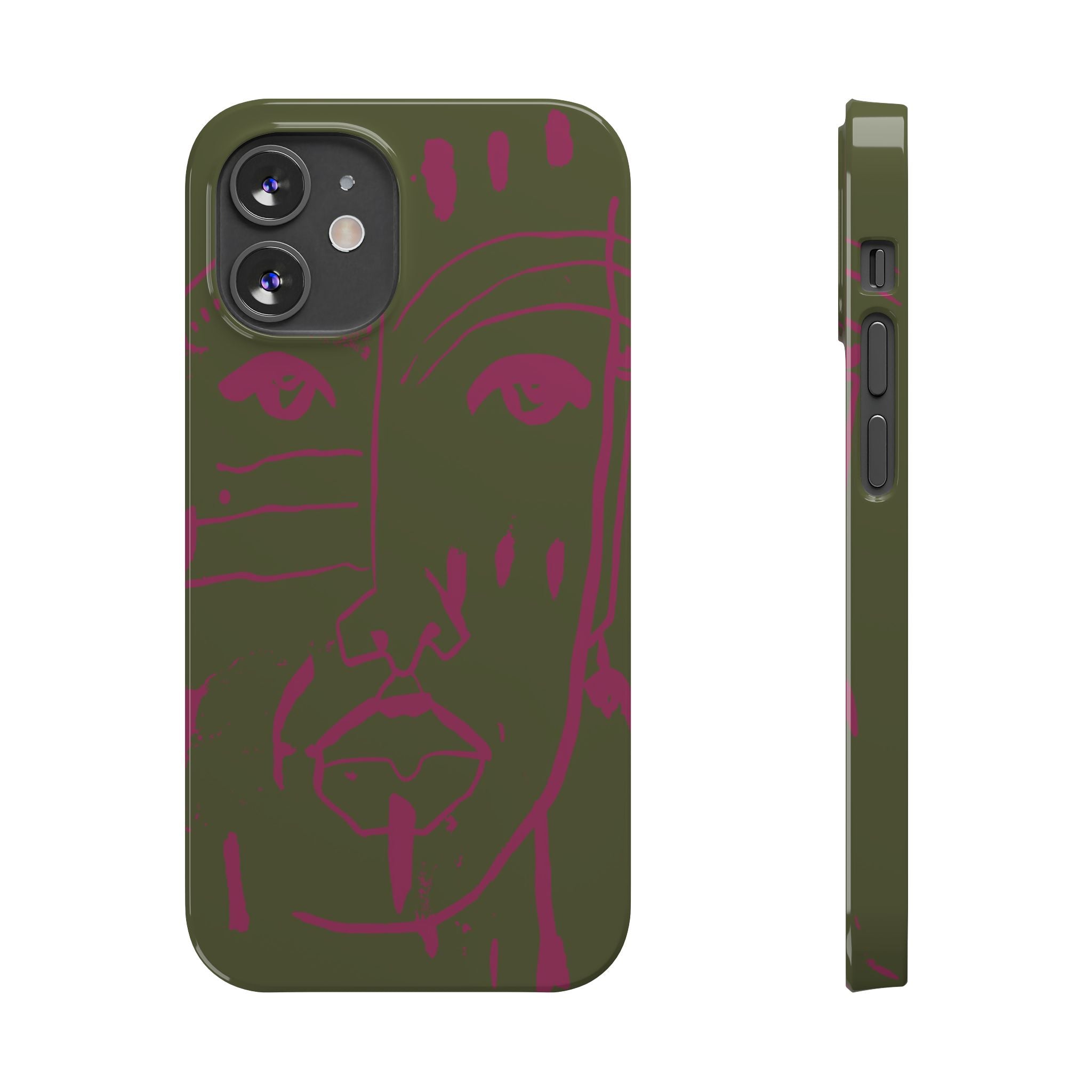 Abstract Face Line Art Slim Phone Case | Olive Green with Magenta Sketch