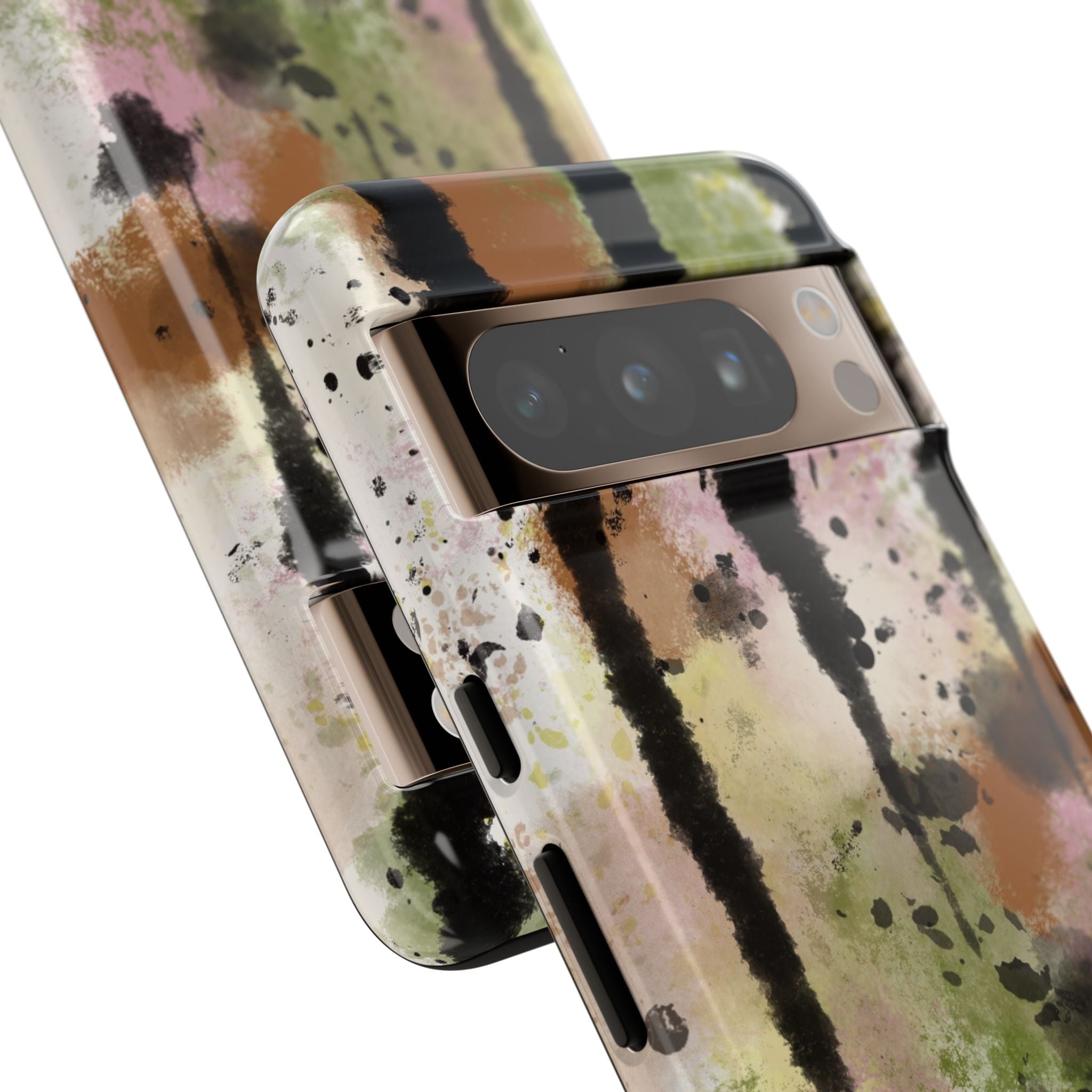 Watercolor Ink Splash Tough Phone Case — Abstract Olive, Blush & Charcoal Protective Cover