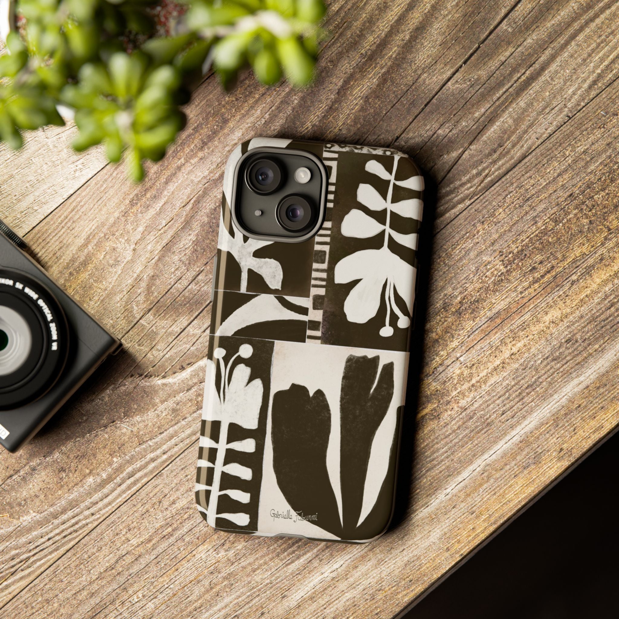 Floral Block Print Tough Phone Case — Black & White Botanical Protective Cover