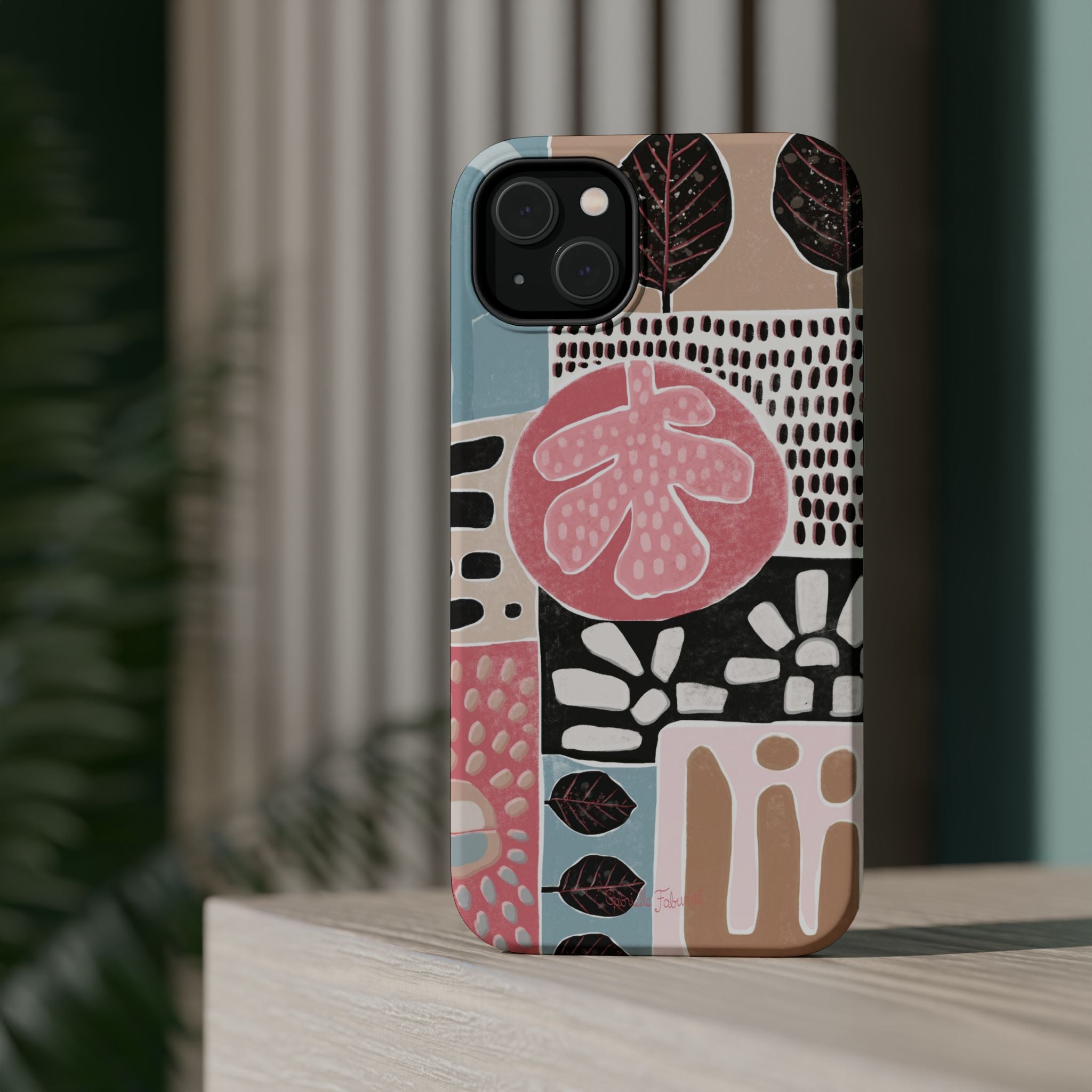 Abstract Floral Magnetic Phone Case — Impact-Resistant Protective Cover with Pink & Teal Collage Design