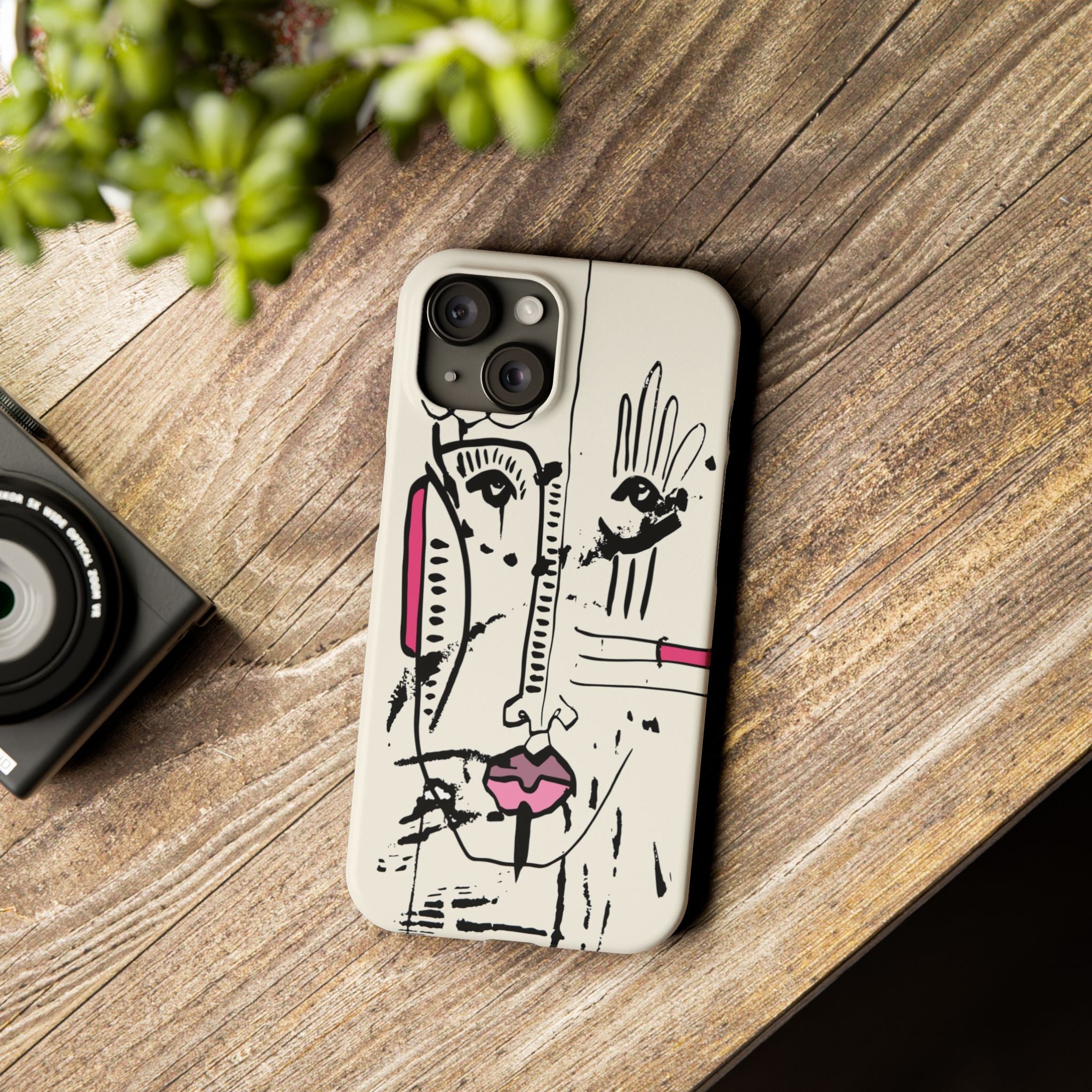 Abstract Face Line Art Slim Phone Case | Minimal Pink Accent