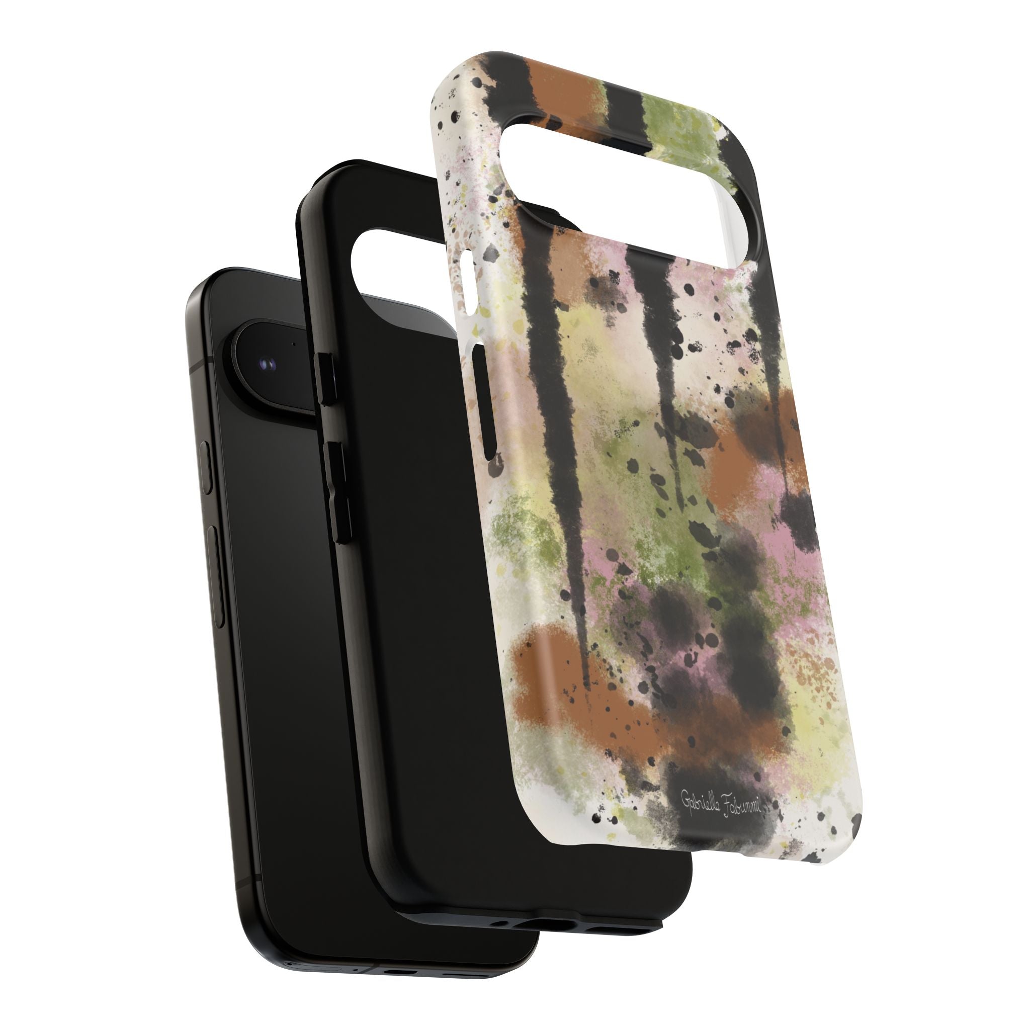 Watercolor Ink Splash Tough Phone Case — Abstract Olive, Blush & Charcoal Protective Cover