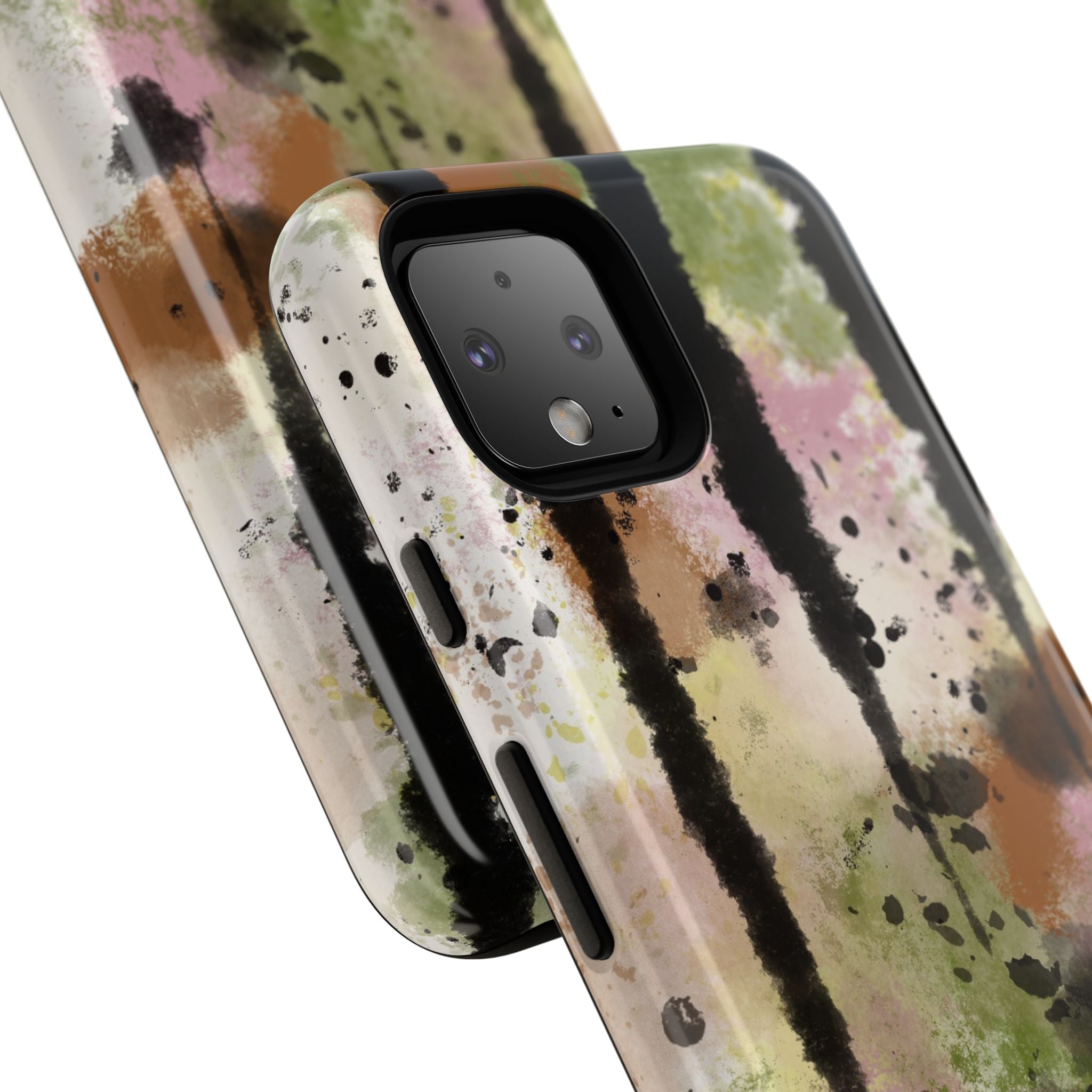 Watercolor Ink Splash Tough Phone Case — Abstract Olive, Blush & Charcoal Protective Cover
