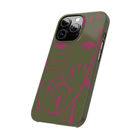 Abstract Face Line Art Slim Phone Case | Olive Green with Magenta Sketch