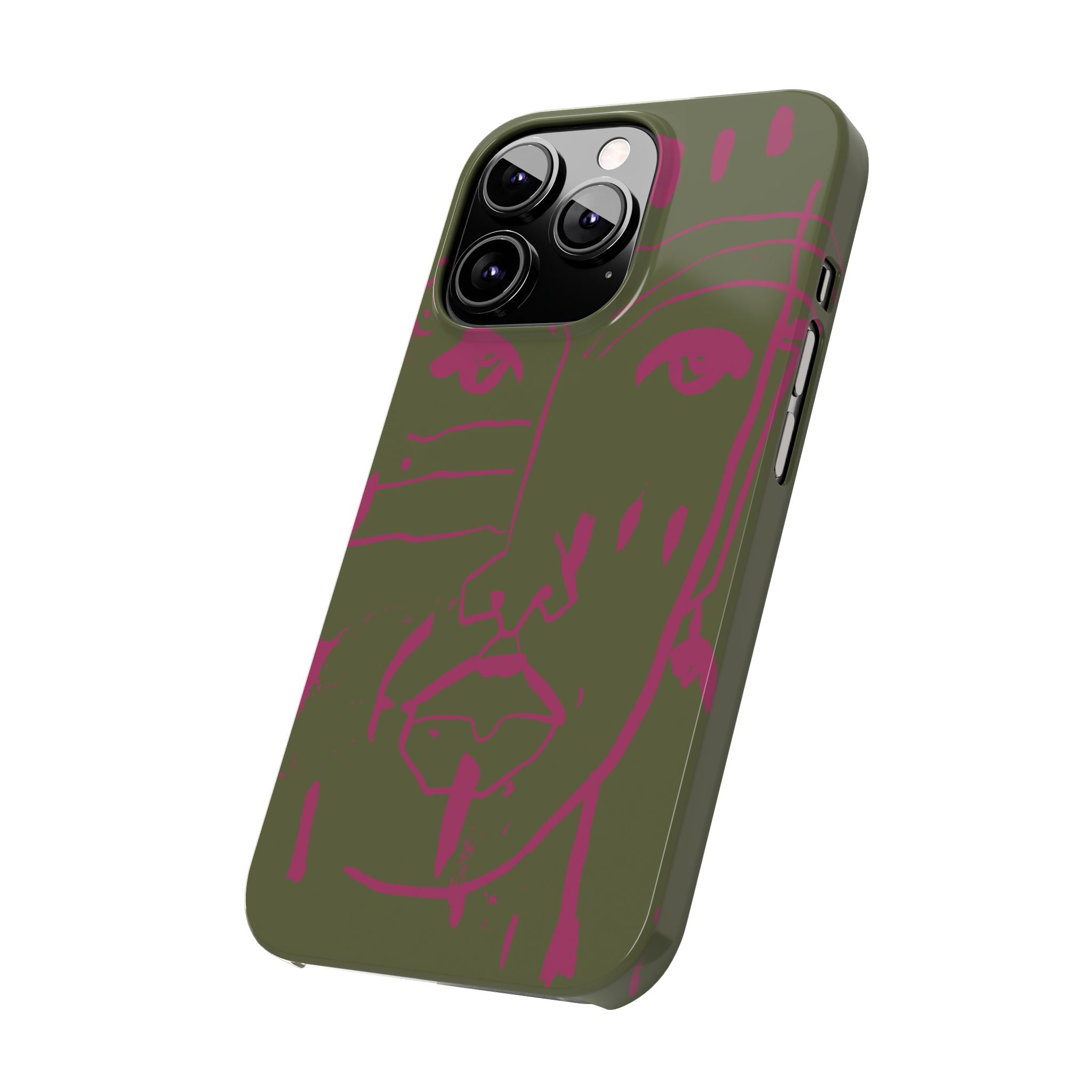 Abstract Face Line Art Slim Phone Case | Olive Green with Magenta Sketch