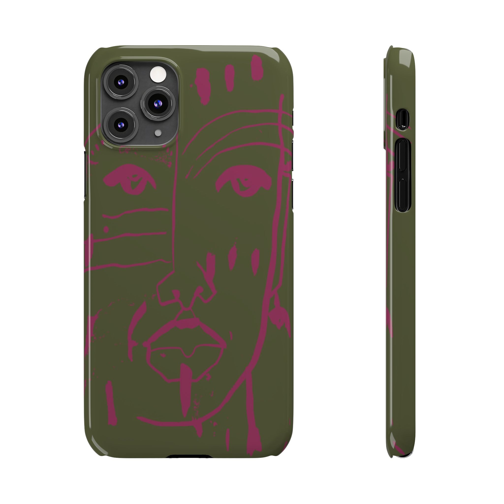 Abstract Face Line Art Slim Phone Case | Olive Green with Magenta Sketch