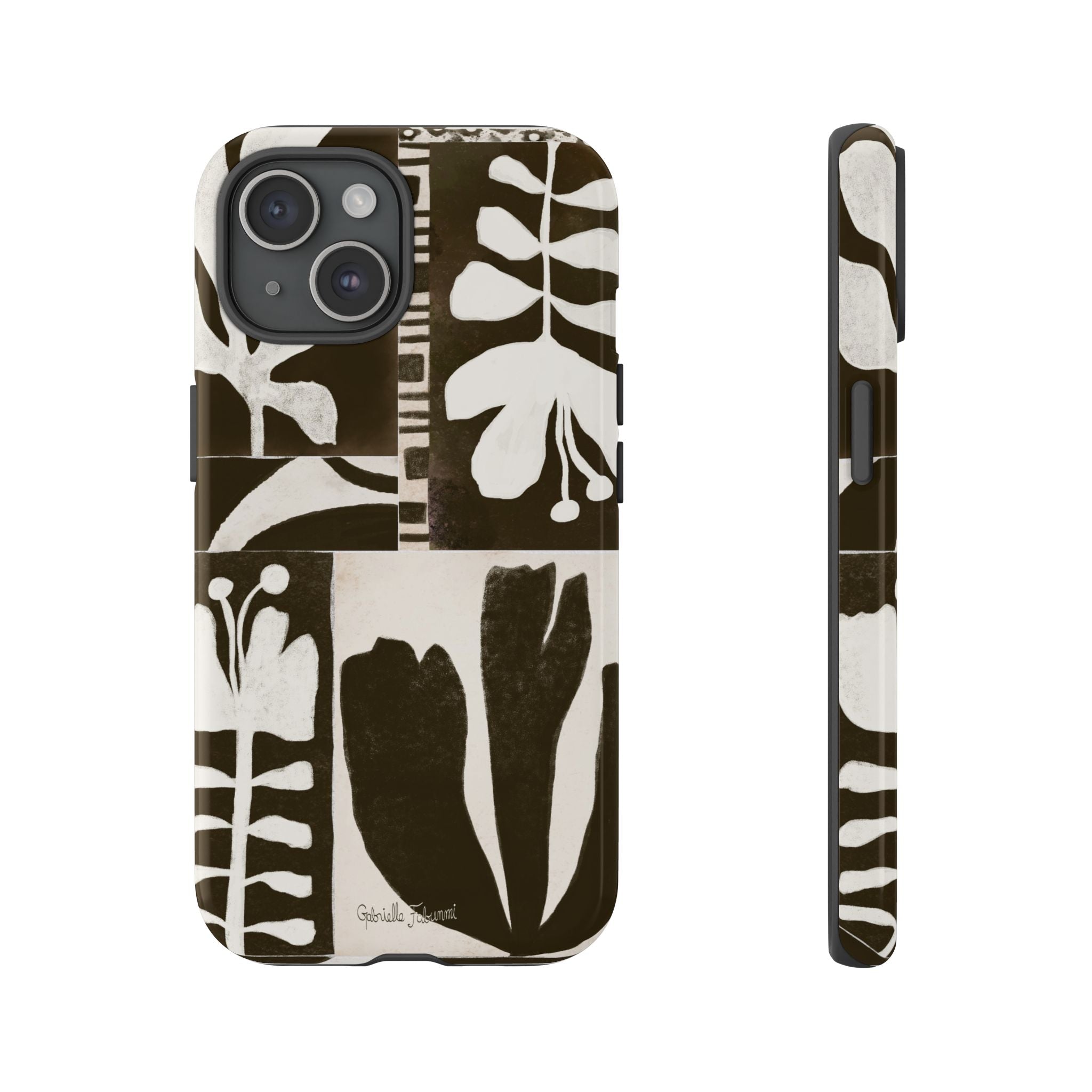 Floral Block Print Tough Phone Case — Black & White Botanical Protective Cover