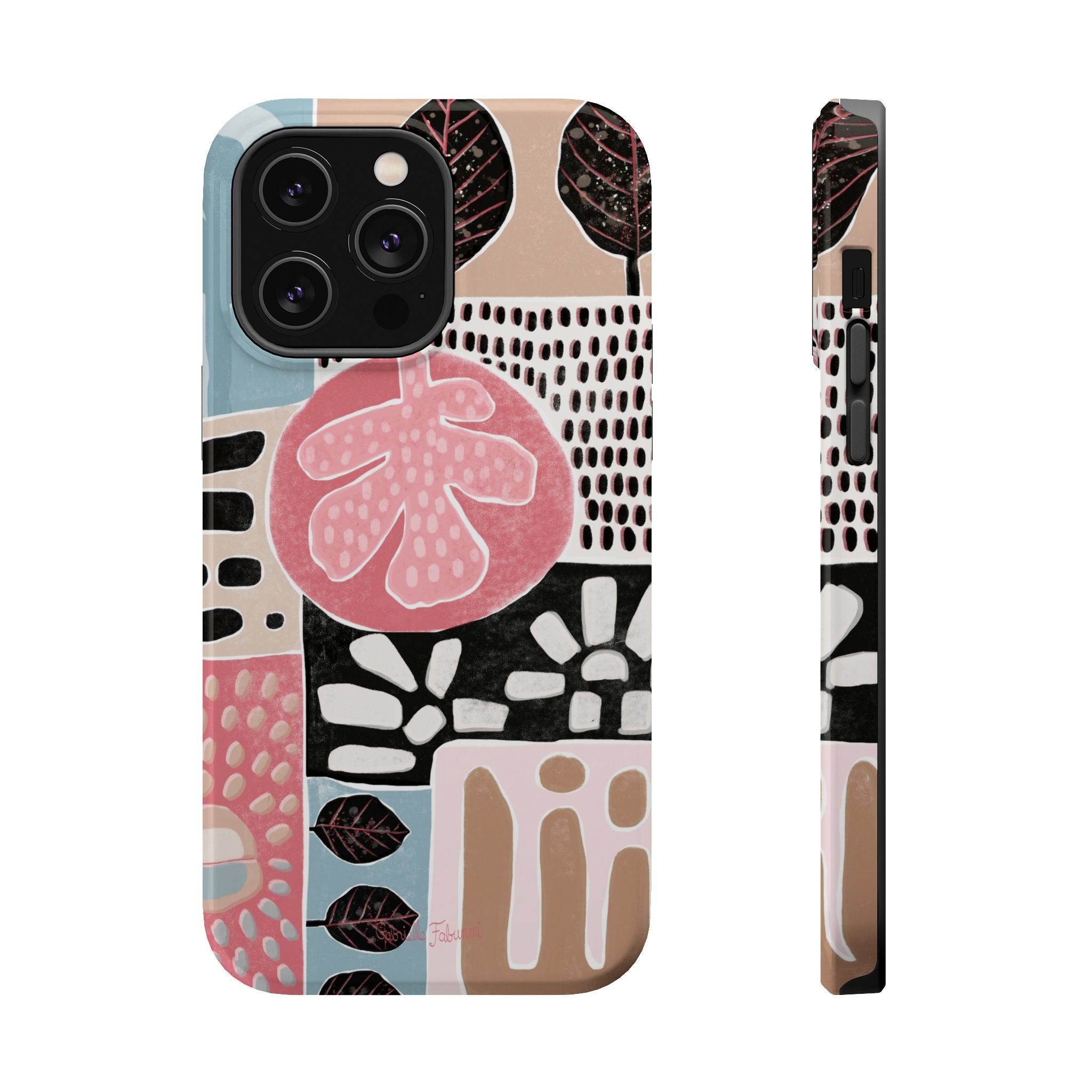 Abstract Floral Magnetic Phone Case — Impact-Resistant Protective Cover with Pink & Teal Collage Design