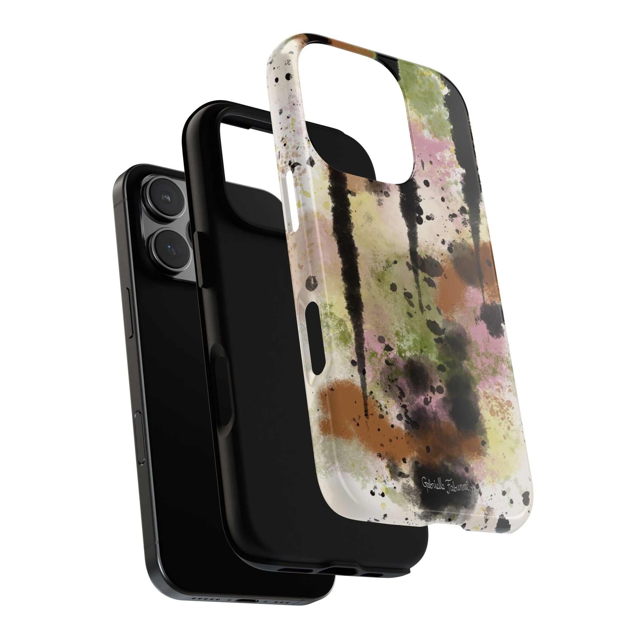 Watercolor Ink Splash Tough Phone Case — Abstract Olive, Blush & Charcoal Protective Cover