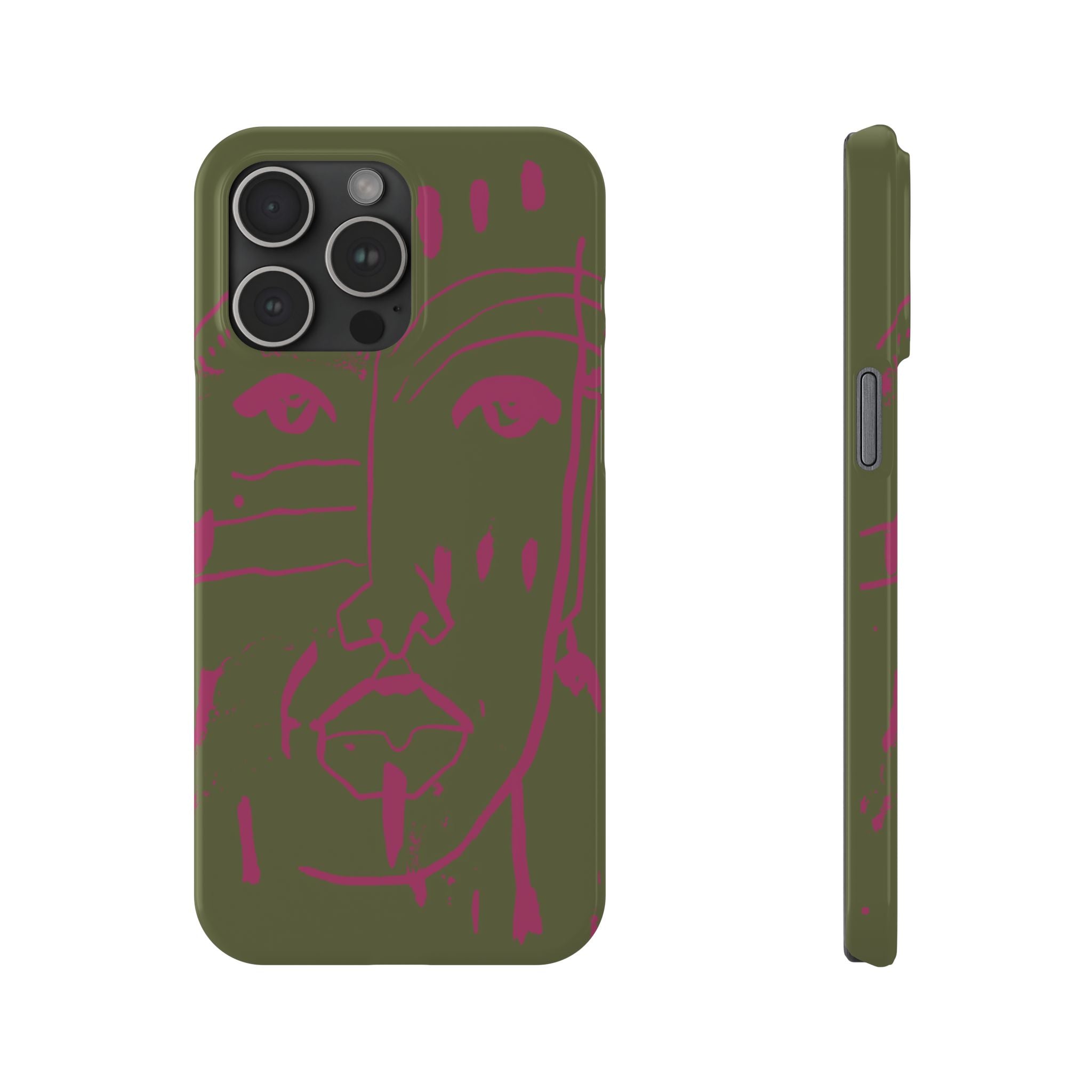 Abstract Face Line Art Slim Phone Case | Olive Green with Magenta Sketch