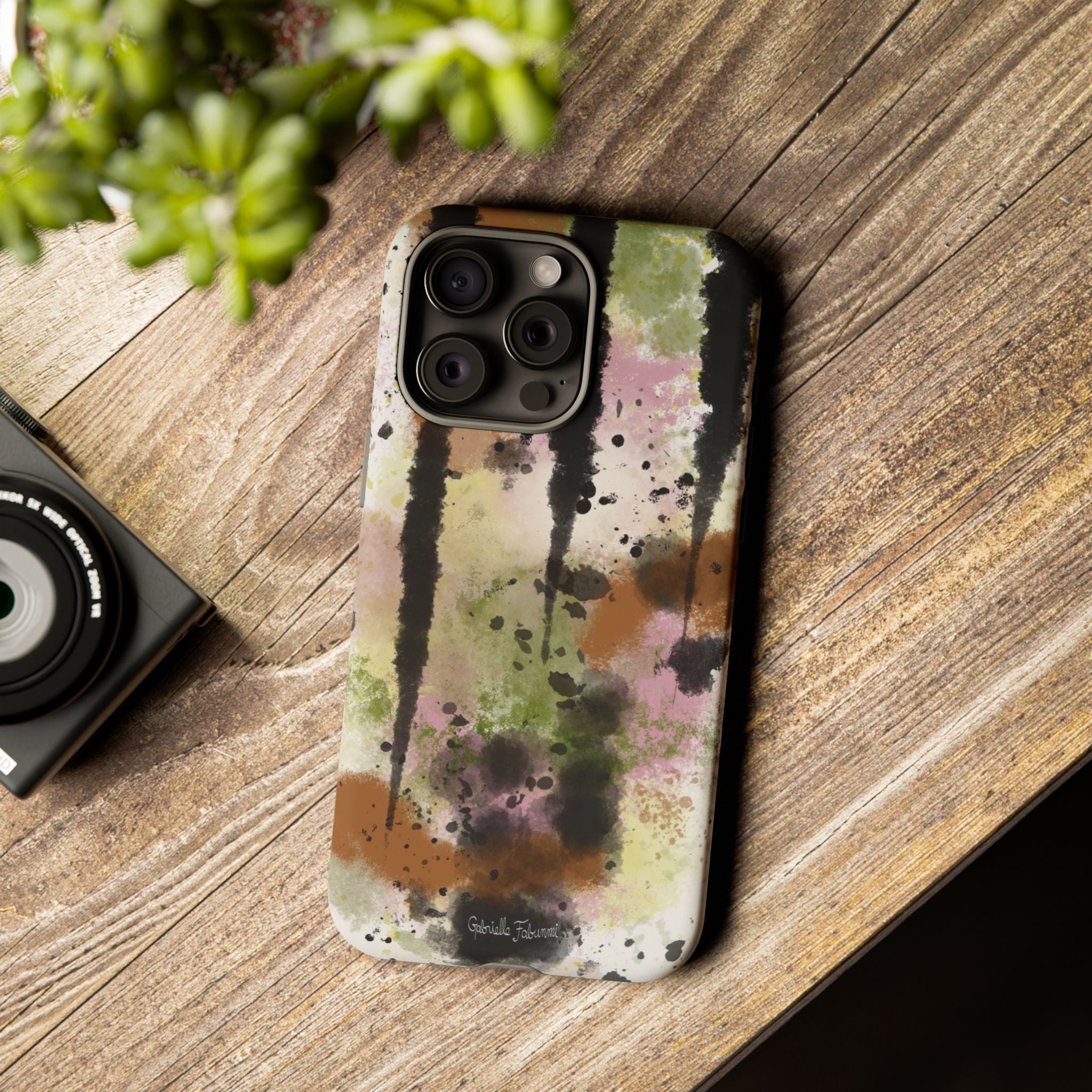 Watercolor Ink Splash Tough Phone Case — Abstract Olive, Blush & Charcoal Protective Cover