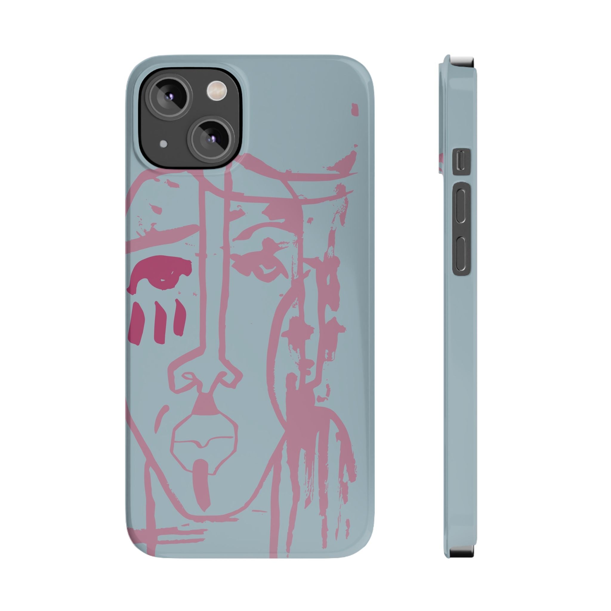 Abstract Line Face Slim Phone Case | Minimalist Portrait, Dusty Blue & Rose