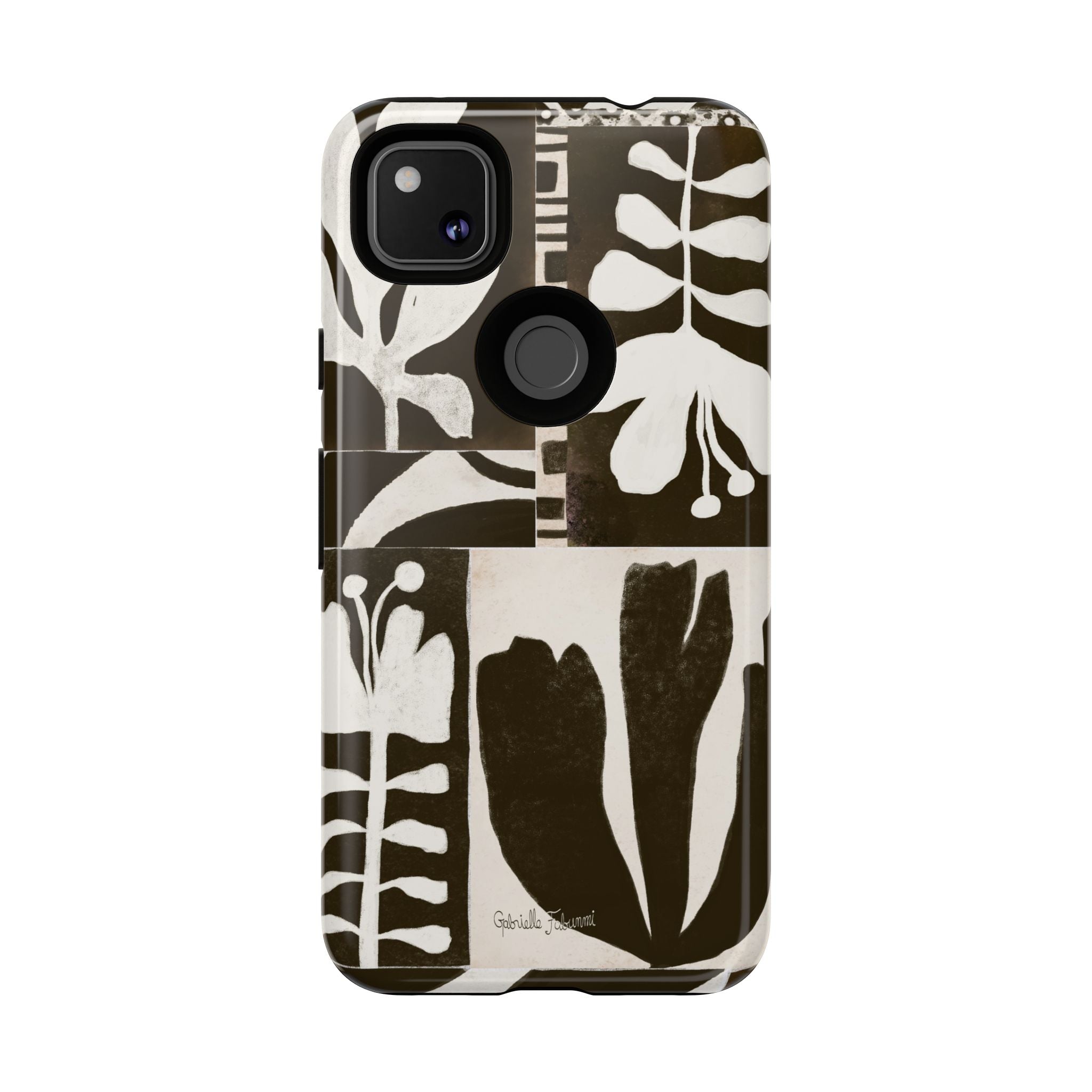 Floral Block Print Tough Phone Case — Black & White Botanical Protective Cover