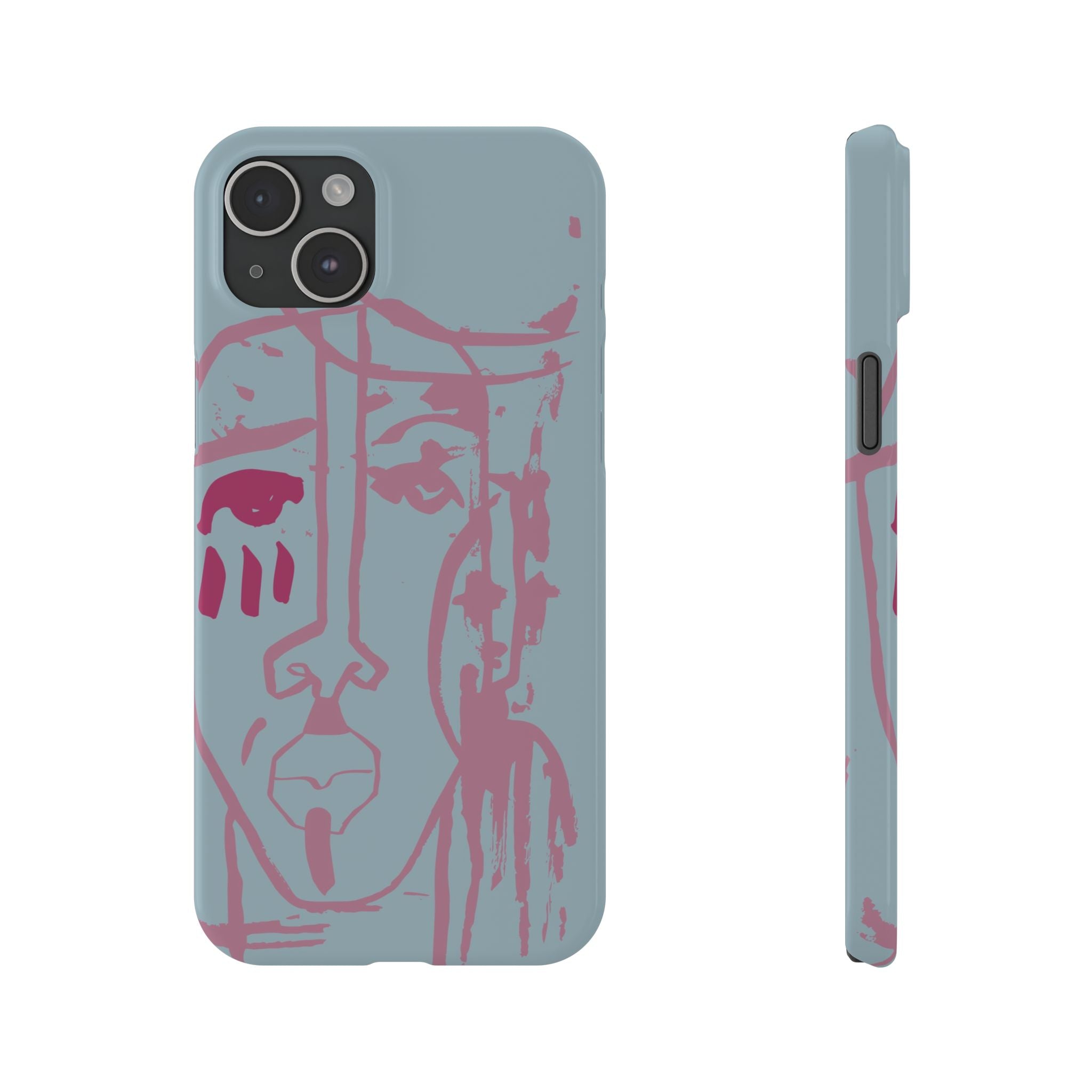 Abstract Line Face Slim Phone Case | Minimalist Portrait, Dusty Blue & Rose