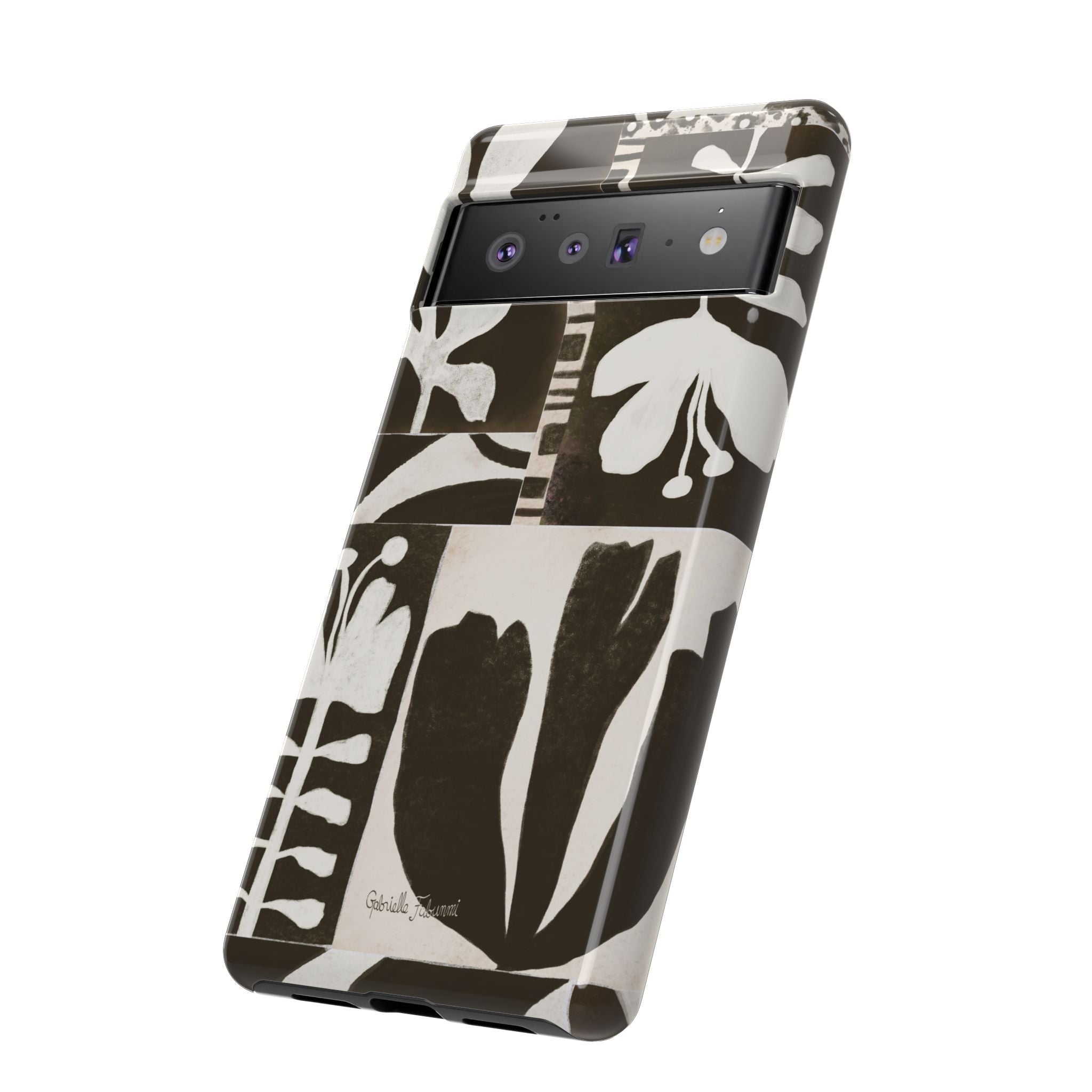 Floral Block Print Tough Phone Case — Black & White Botanical Protective Cover