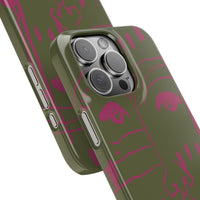Abstract Face Line Art Slim Phone Case | Olive Green with Magenta Sketch