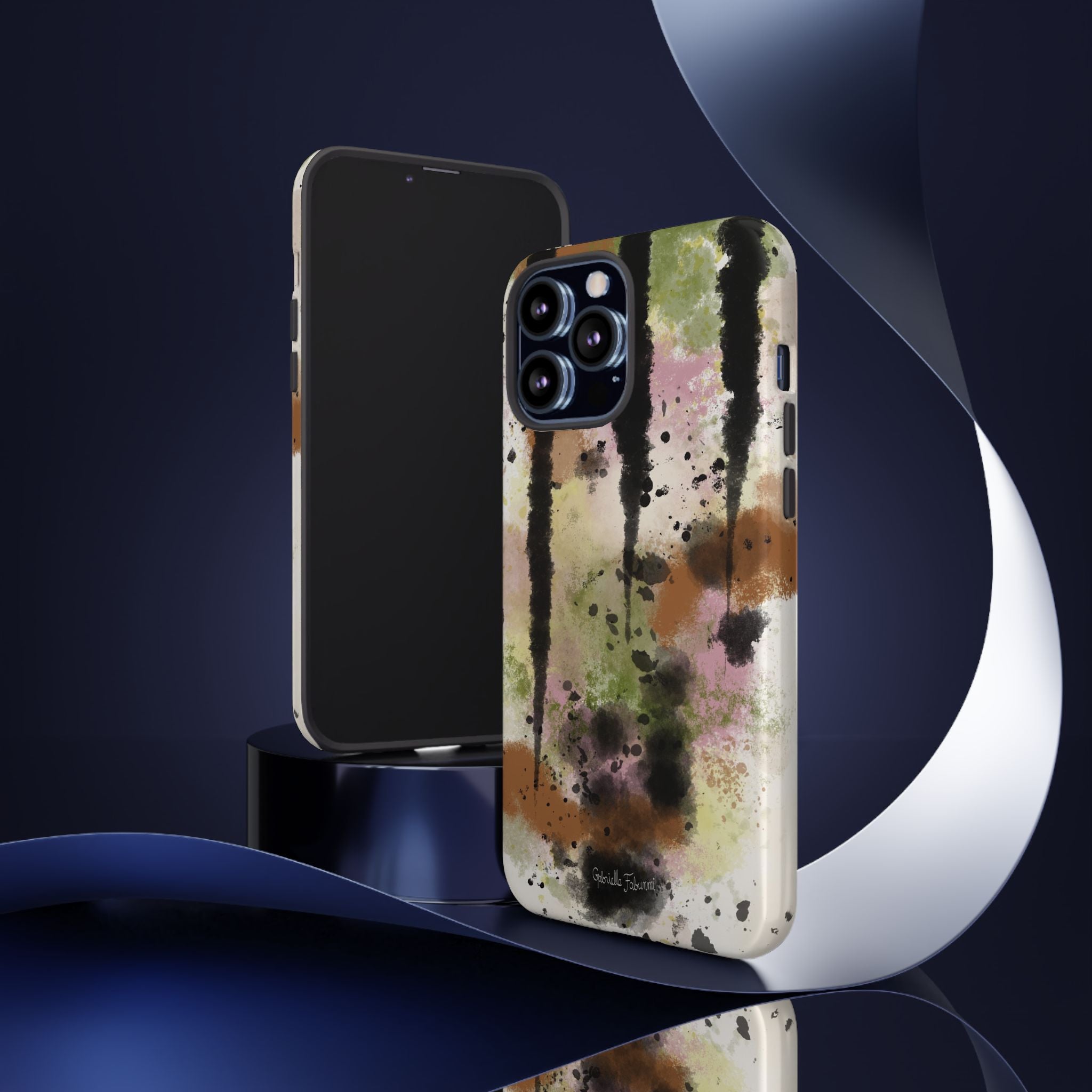 Watercolor Ink Splash Tough Phone Case — Abstract Olive, Blush & Charcoal Protective Cover