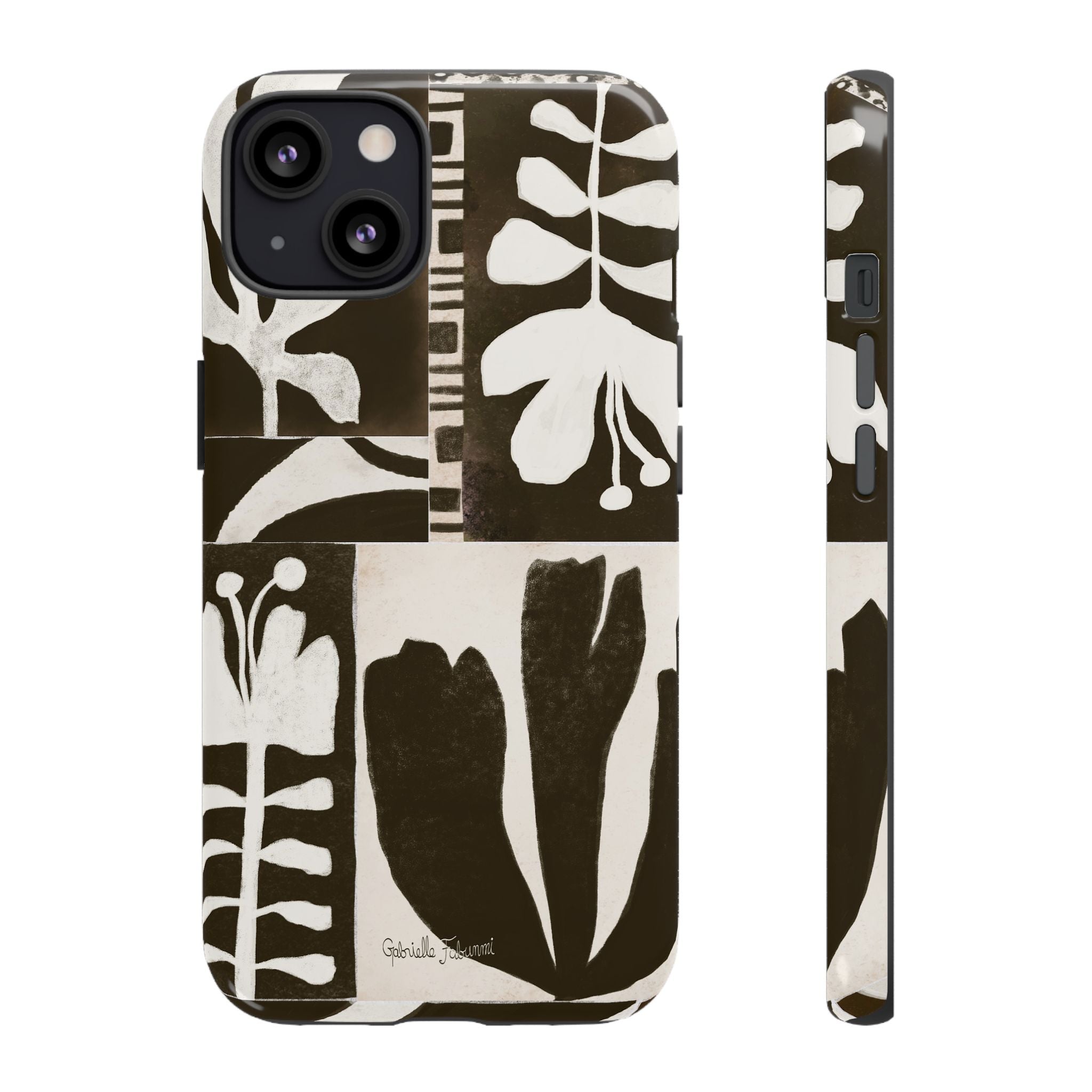 Floral Block Print Tough Phone Case — Black & White Botanical Protective Cover