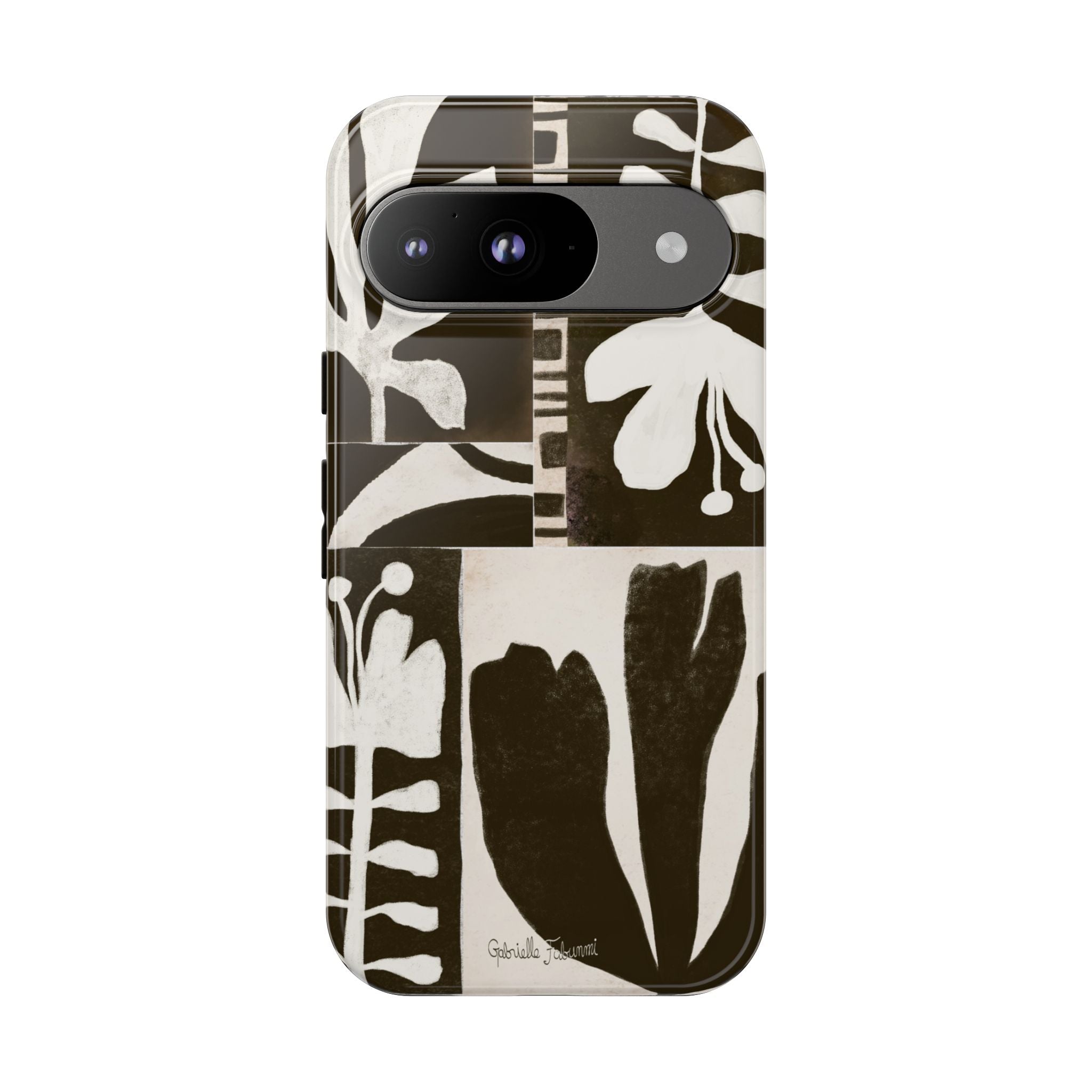 Floral Block Print Tough Phone Case — Black & White Botanical Protective Cover