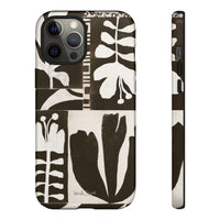 Floral Block Print Tough Phone Case — Black & White Botanical Protective Cover