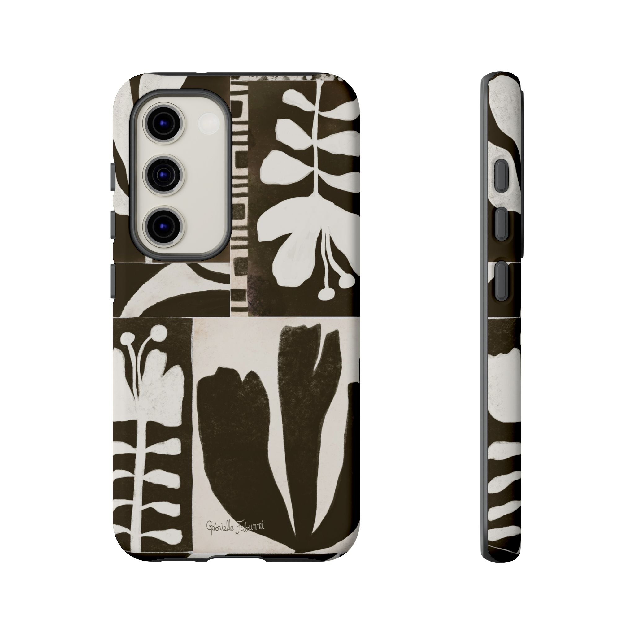 Floral Block Print Tough Phone Case — Black & White Botanical Protective Cover