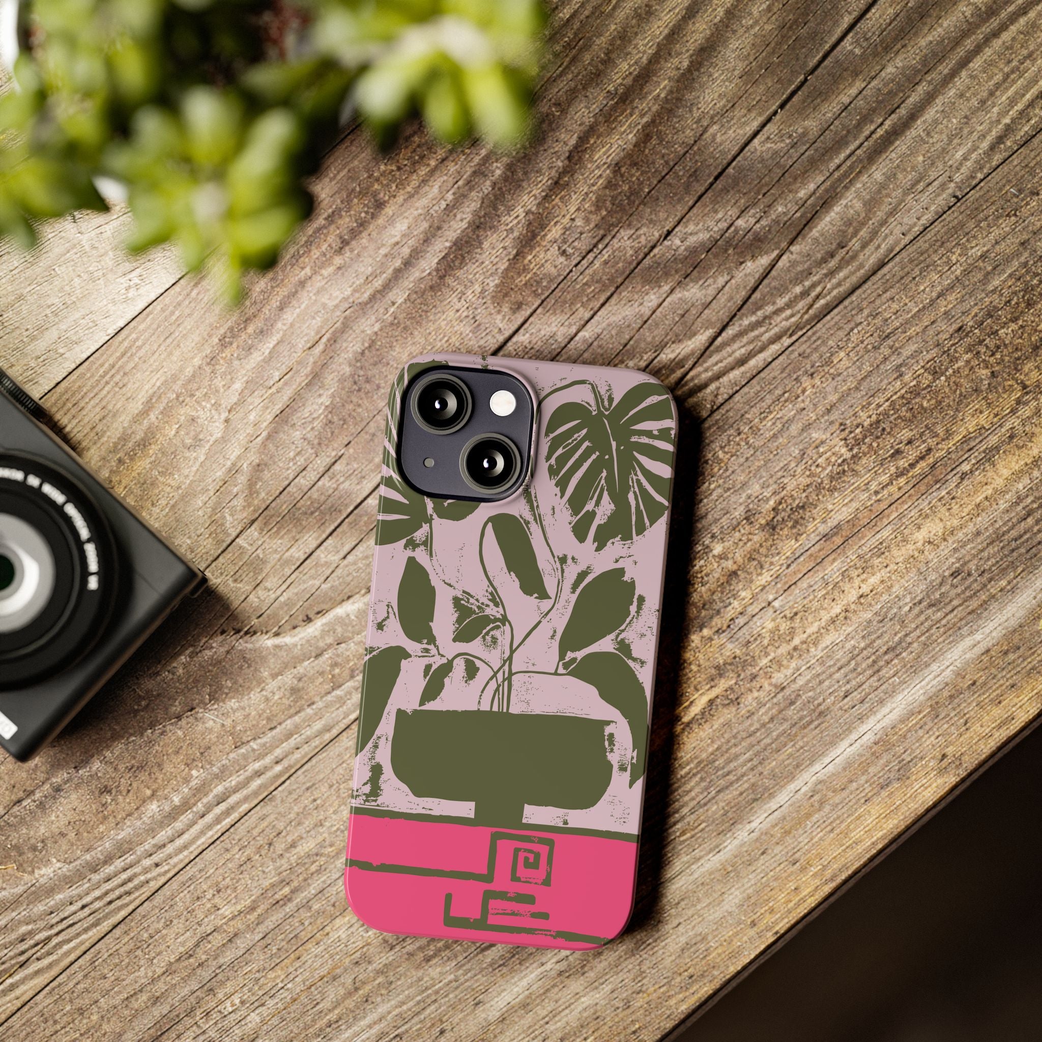 Slim Phone Case — Retro Monstera Plant Pink Green Botanical Design