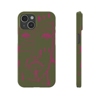 Abstract Face Line Art Slim Phone Case | Olive Green with Magenta Sketch