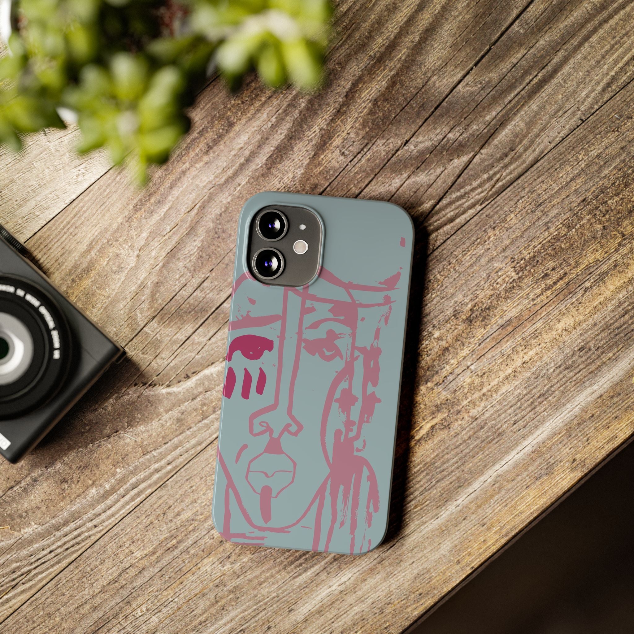 Abstract Line Face Slim Phone Case | Minimalist Portrait, Dusty Blue & Rose