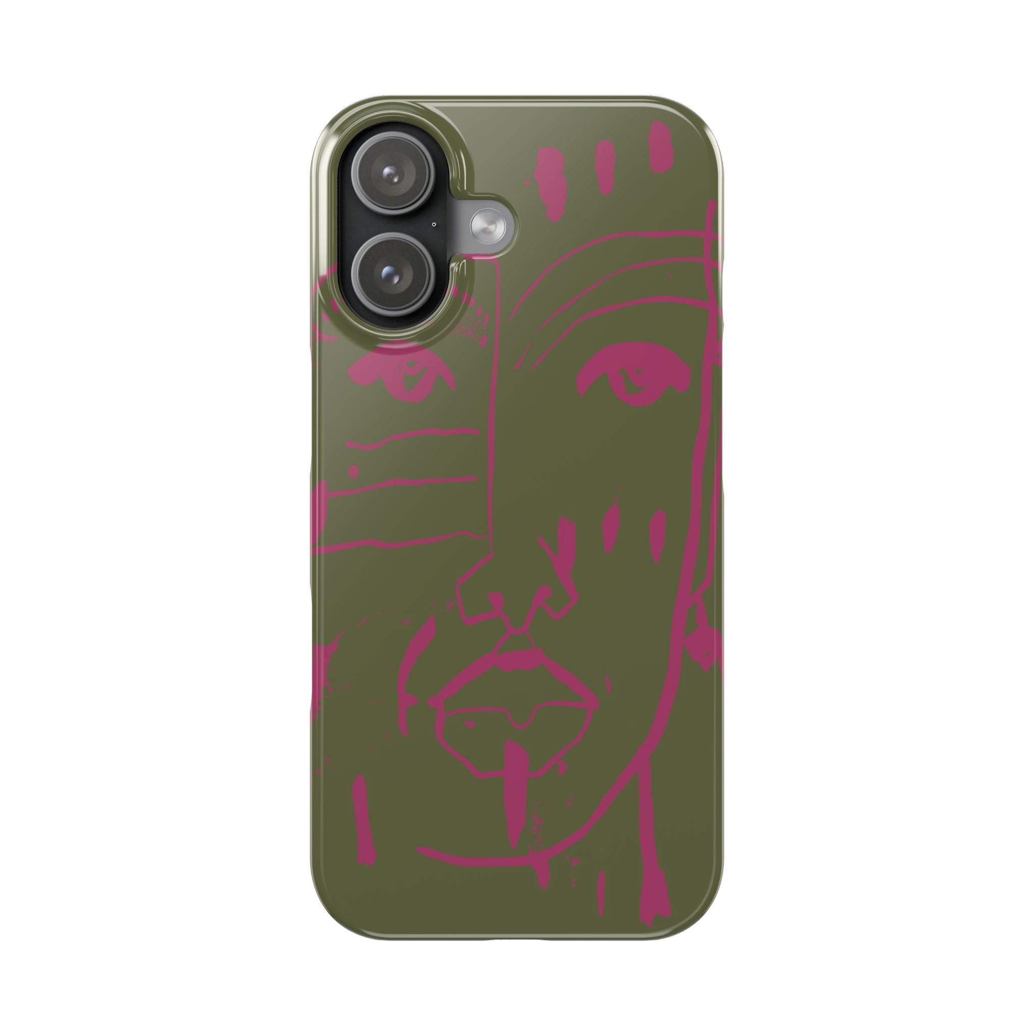 Abstract Face Line Art Slim Phone Case | Olive Green with Magenta Sketch
