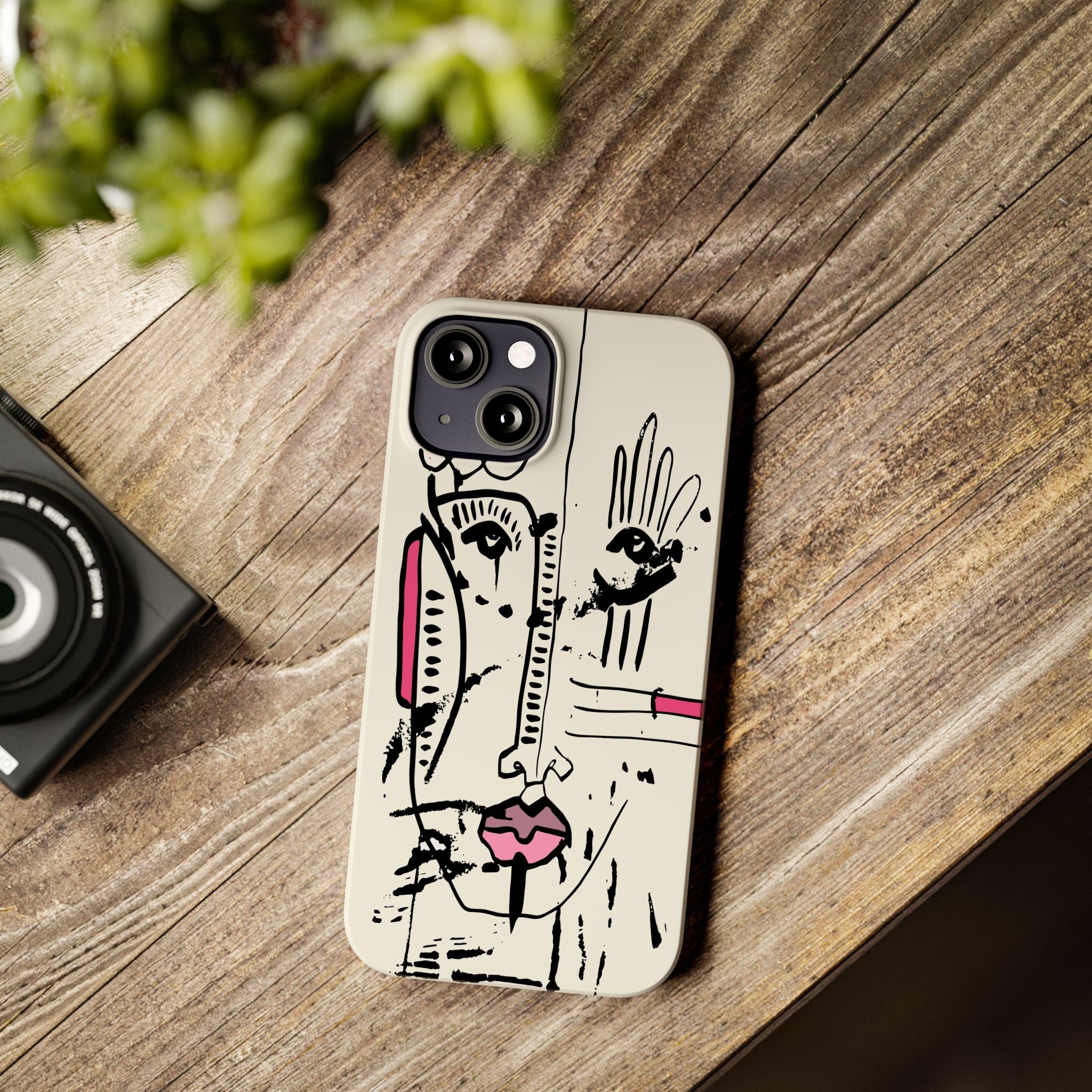 Abstract Face Line Art Slim Phone Case | Minimal Pink Accent